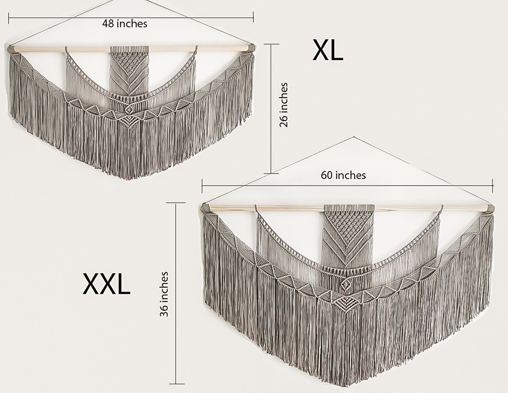 Handmade Light Gray Macrame Wall Hanging, 5 Size Options from 1 Foot Wide to 5 Feet Wide