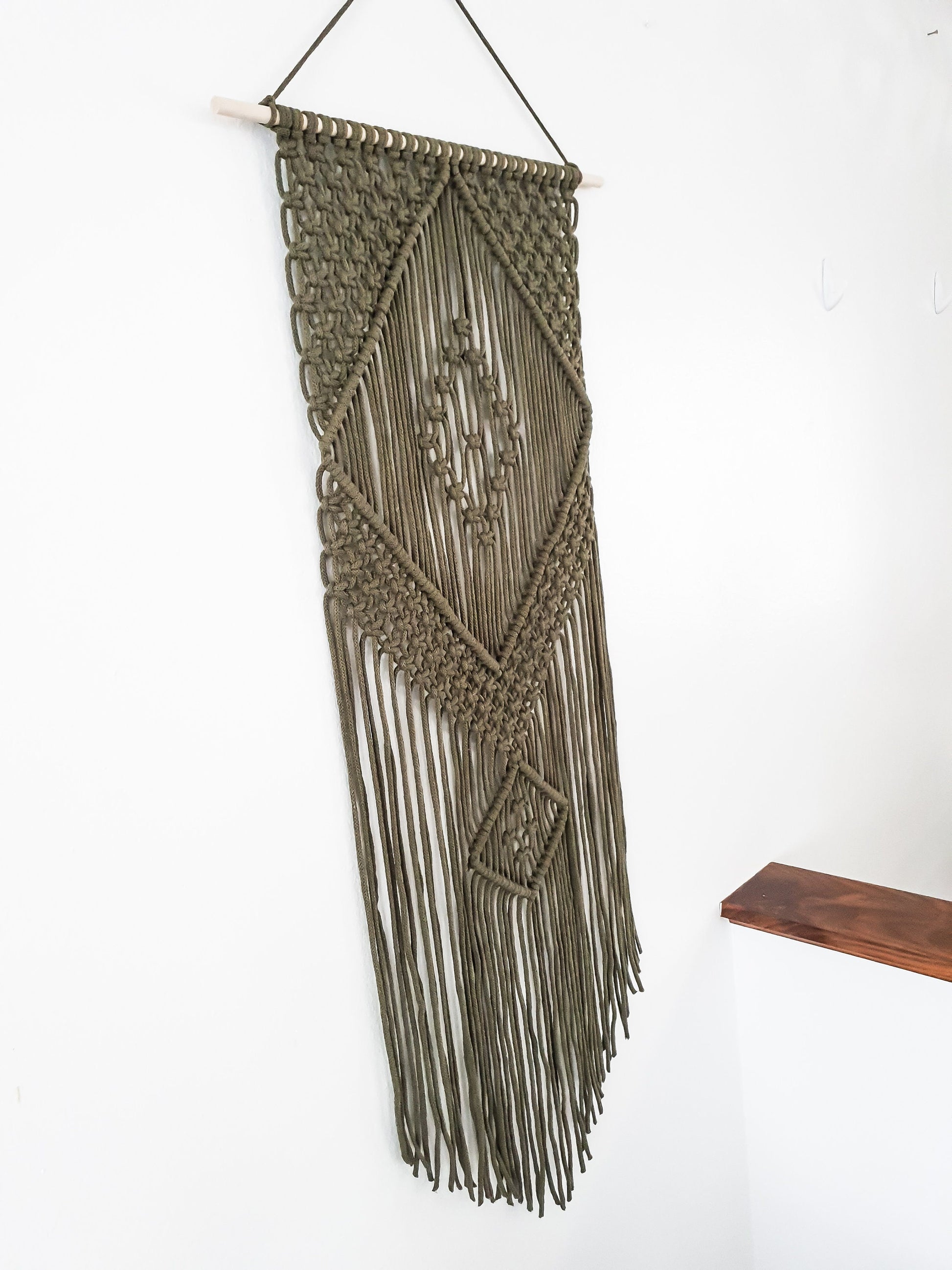 Handmade Army Green Macrame Wall Hanging, Bohemian Decor, Narrow and Long, Wall Decor, Woven Wall Hanging