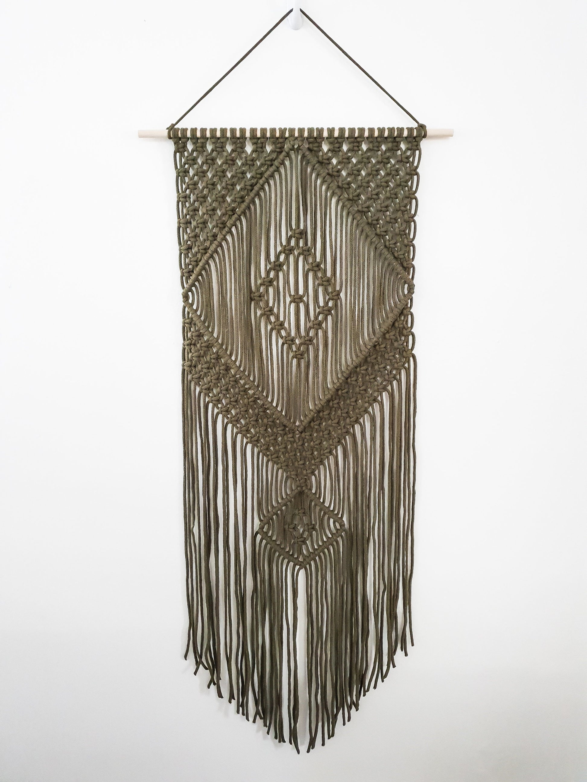 Handmade Army Green Macrame Wall Hanging, Bohemian Decor, Narrow and Long, Wall Decor, Woven Wall Hanging