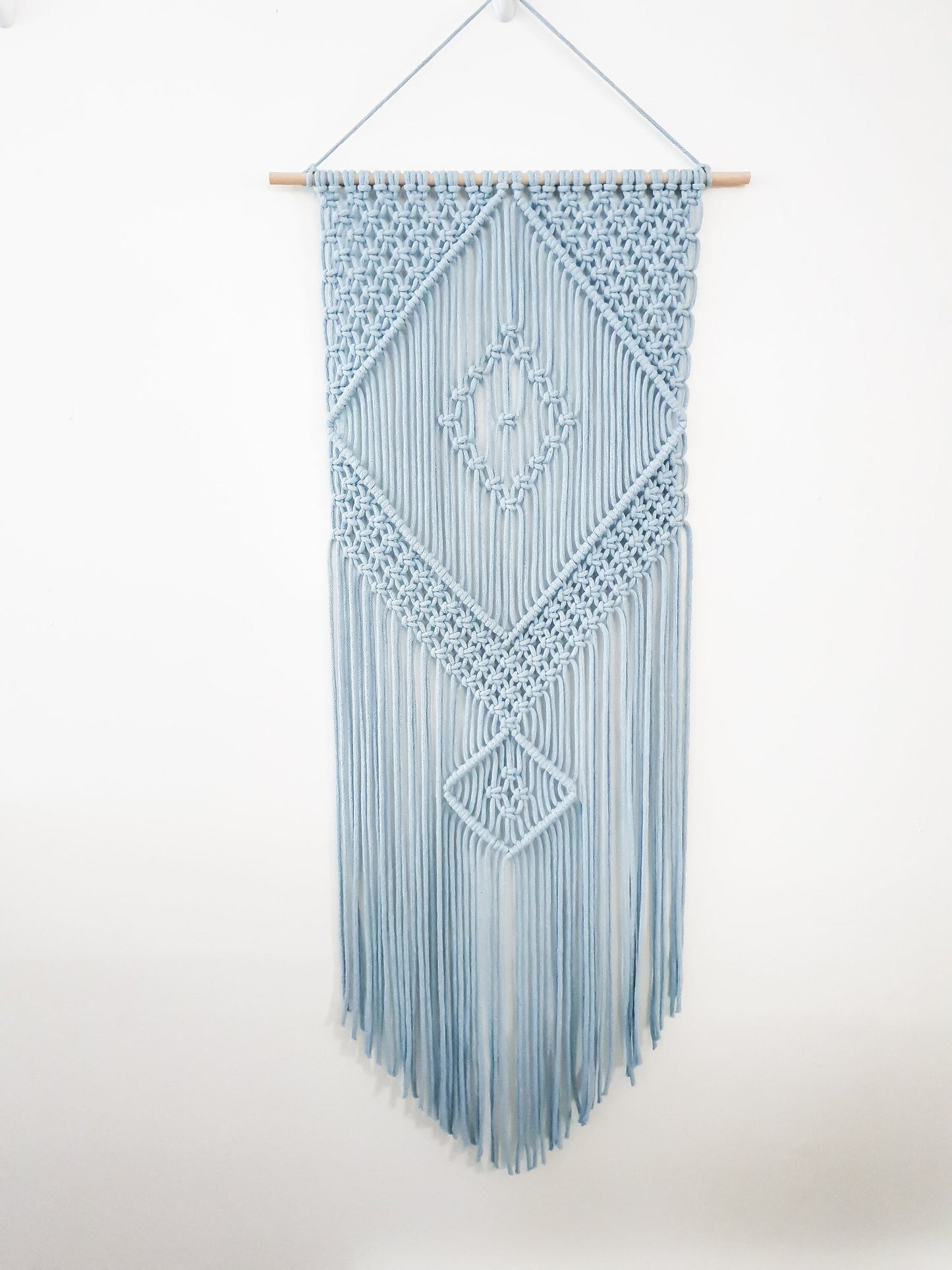 Handmade Light Blue Macrame Wall Hanging, Bohemian Decor, Narrow and Long, Wall Decor, Woven Wall Hanging