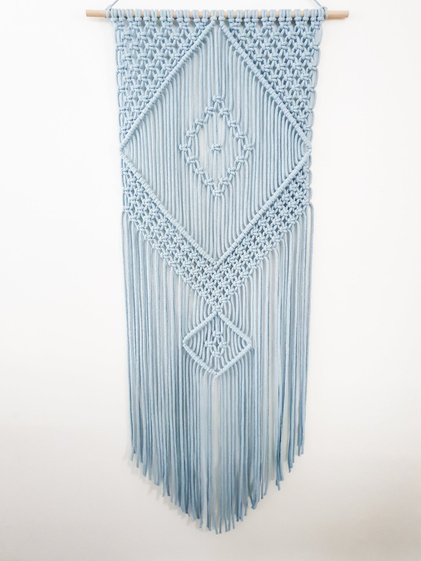 Handmade Light Blue Macrame Wall Hanging, Bohemian Decor, Narrow and Long, Wall Decor, Woven Wall Hanging
