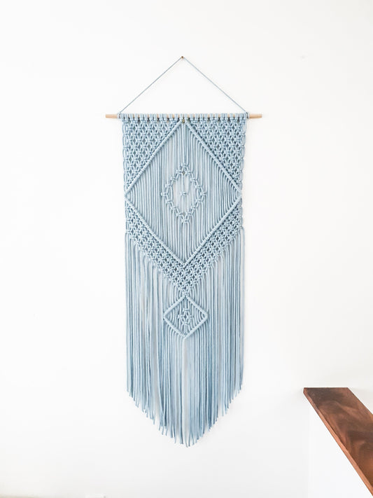 Handmade Light Blue Macrame Wall Hanging, Bohemian Decor, Narrow and Long, Wall Decor, Woven Wall Hanging