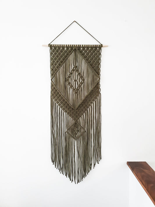 Handmade Army Green Macrame Wall Hanging, Bohemian Decor, Narrow and Long, Wall Decor, Woven Wall Hanging