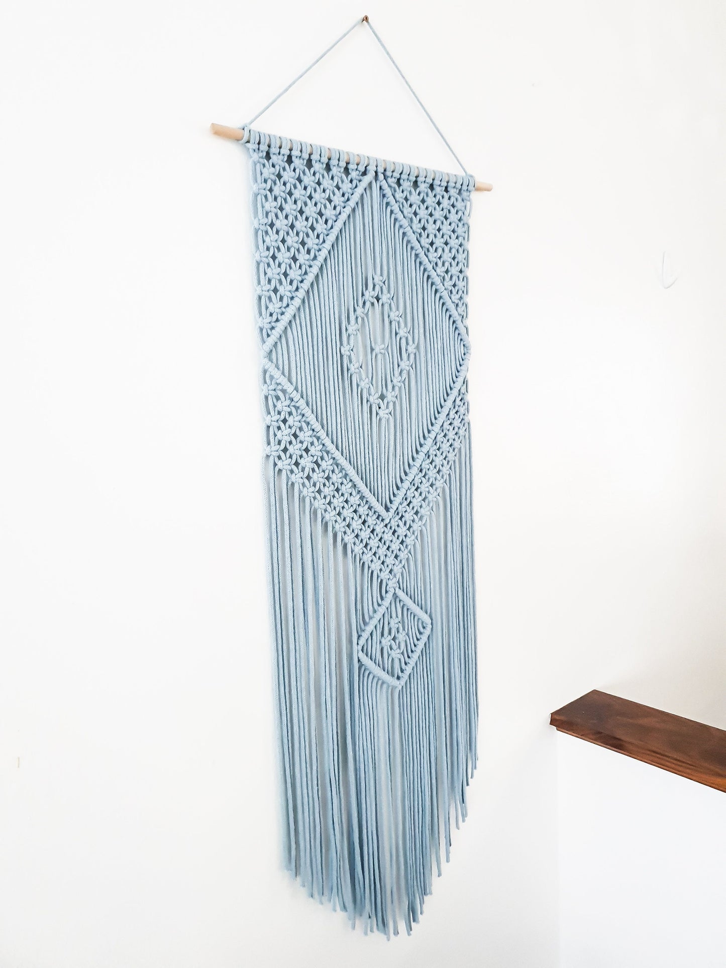Handmade Light Blue Macrame Wall Hanging, Bohemian Decor, Narrow and Long, Wall Decor, Woven Wall Hanging