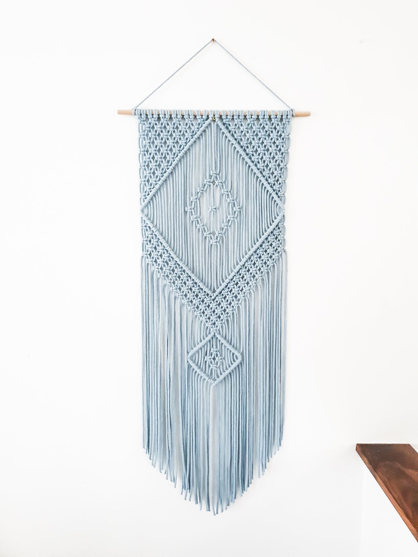 Handmade Light Blue Macrame Wall Hanging, Bohemian Decor, Narrow and Long, Wall Decor, Woven Wall Hanging