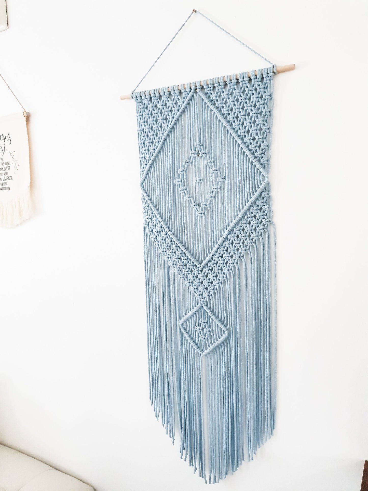 Handmade Light Blue Macrame Wall Hanging, Bohemian Decor, Narrow and Long, Wall Decor, Woven Wall Hanging