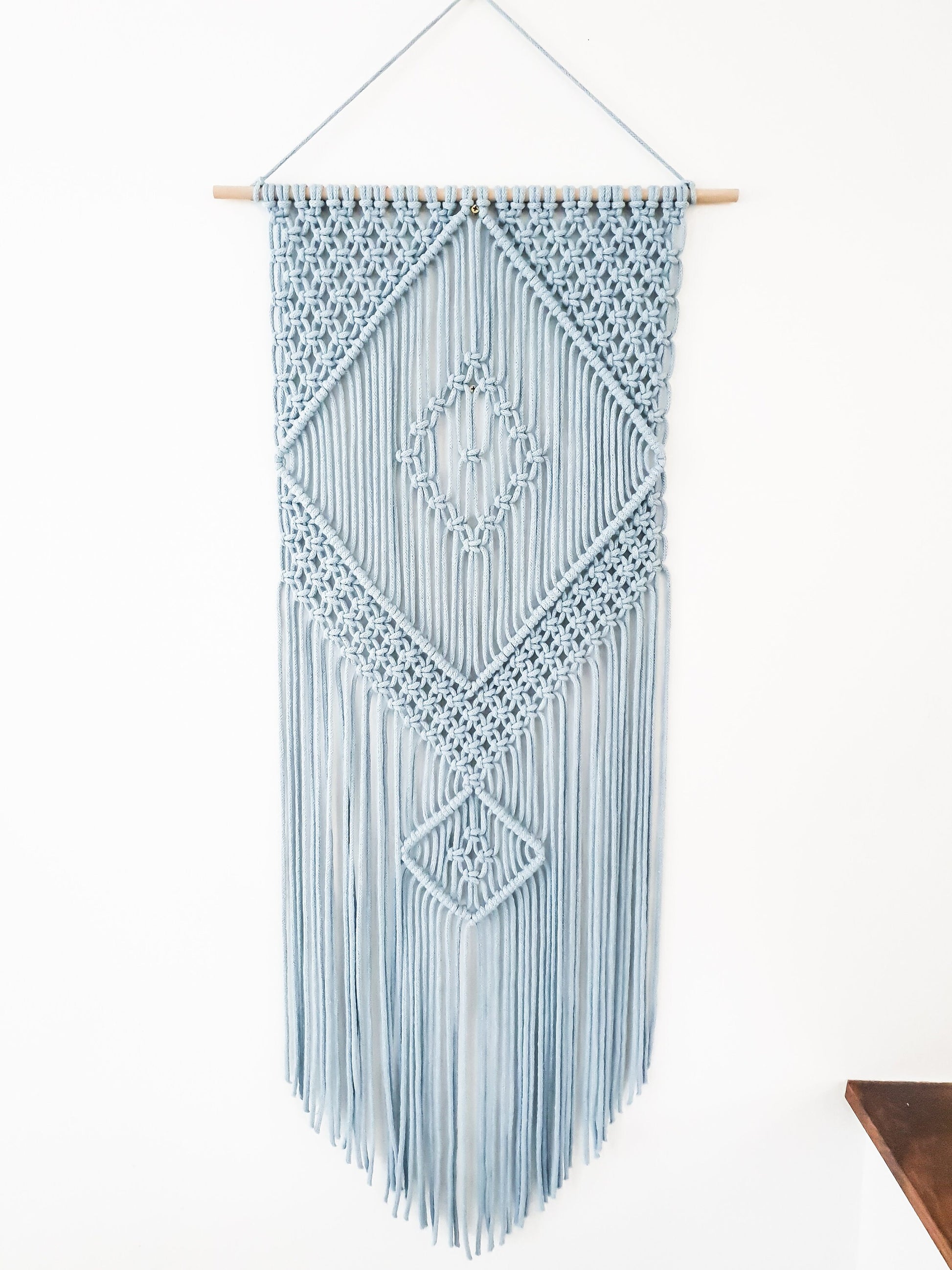 Handmade Light Blue Macrame Wall Hanging, Bohemian Decor, Narrow and Long, Wall Decor, Woven Wall Hanging