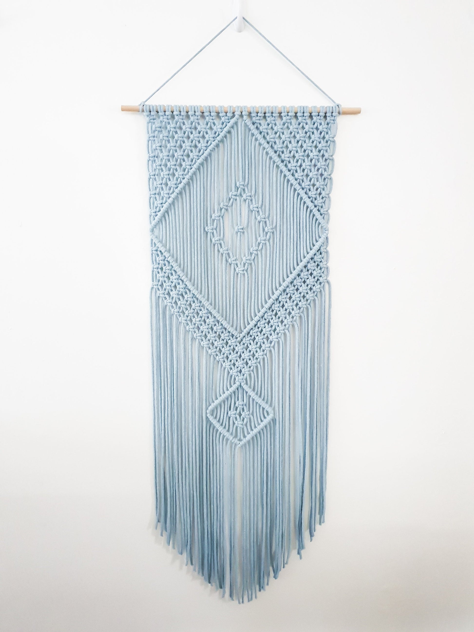 Handmade Light Blue Macrame Wall Hanging, Bohemian Decor, Narrow and Long, Wall Decor, Woven Wall Hanging