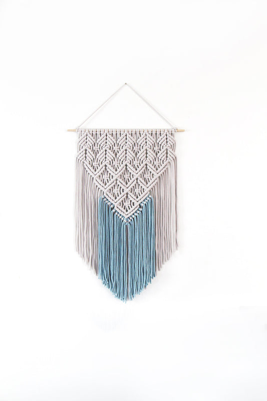 Handmade Light Gray and Blue Macrame Wall Hanging