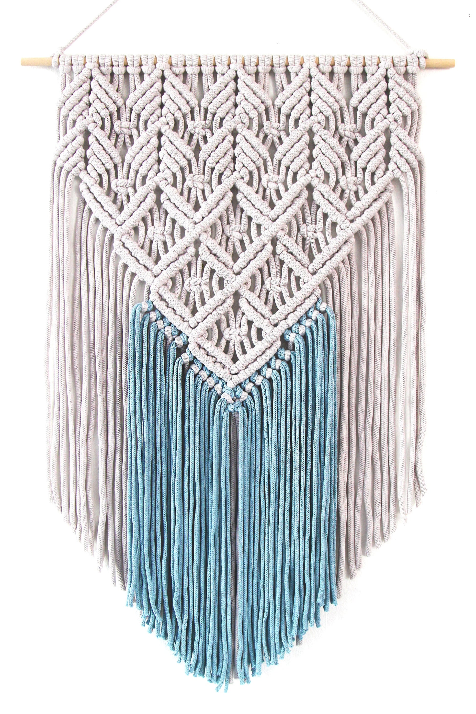 Handmade Light Gray and Blue Macrame Wall Hanging