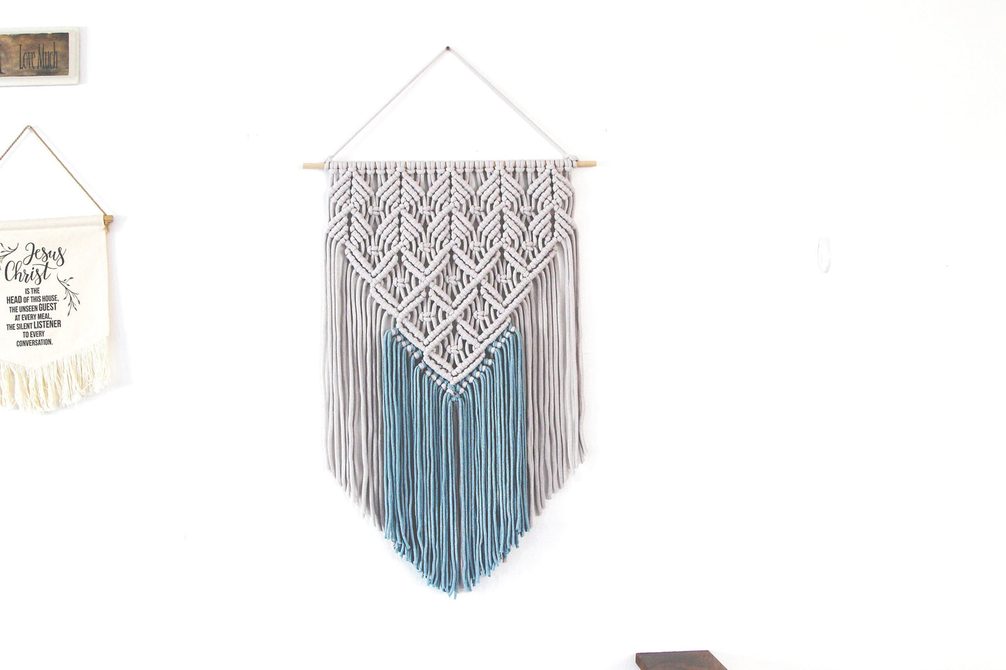 Handmade Light Gray and Blue Macrame Wall Hanging