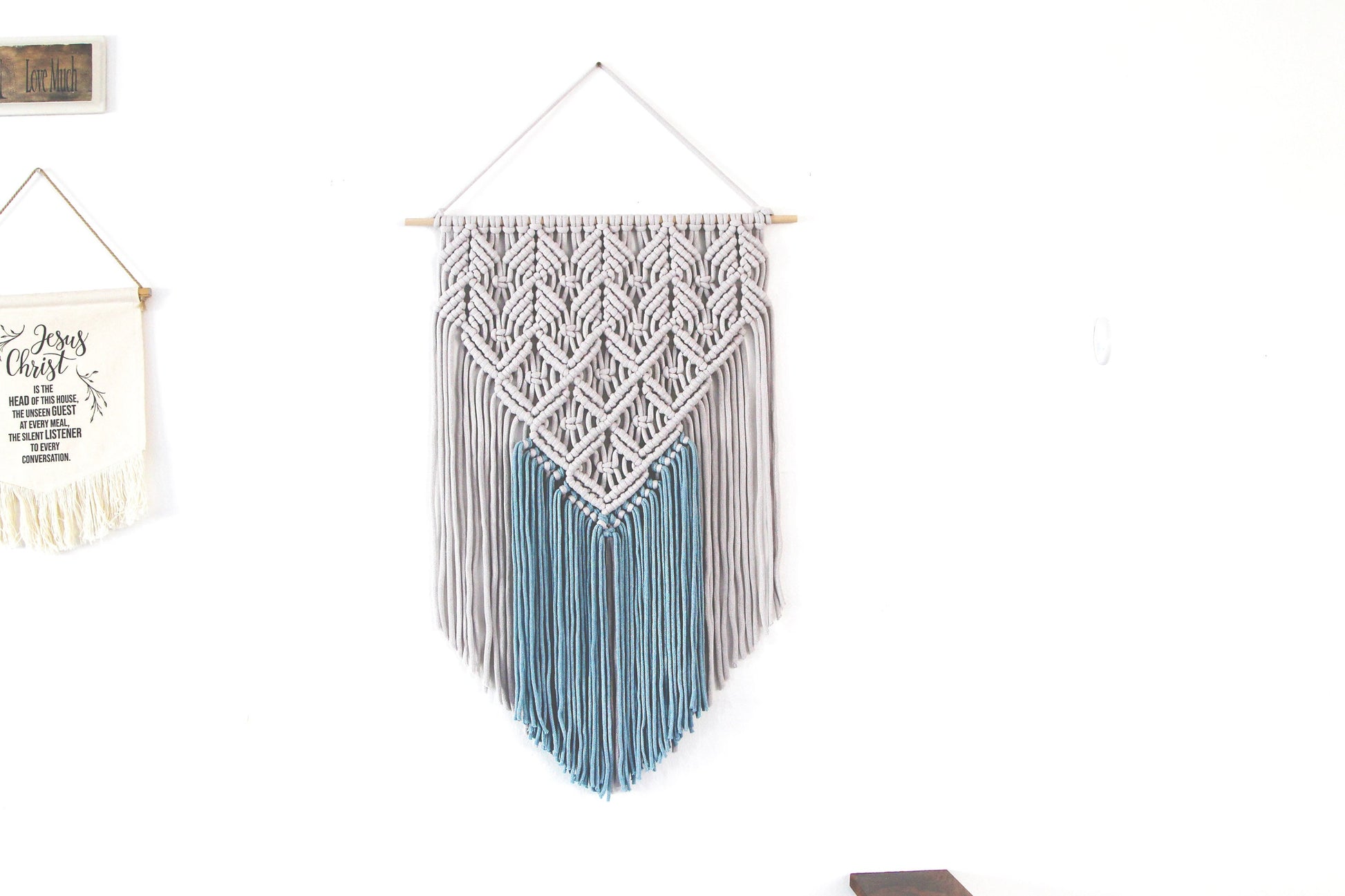 Handmade Light Gray and Blue Macrame Wall Hanging