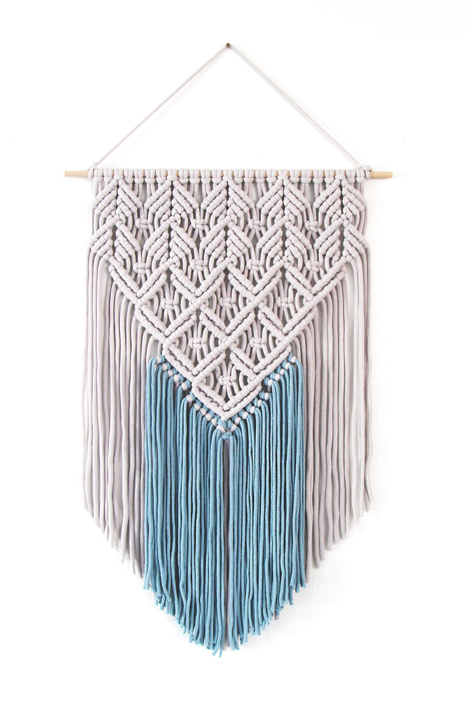 Handmade Light Gray and Blue Macrame Wall Hanging