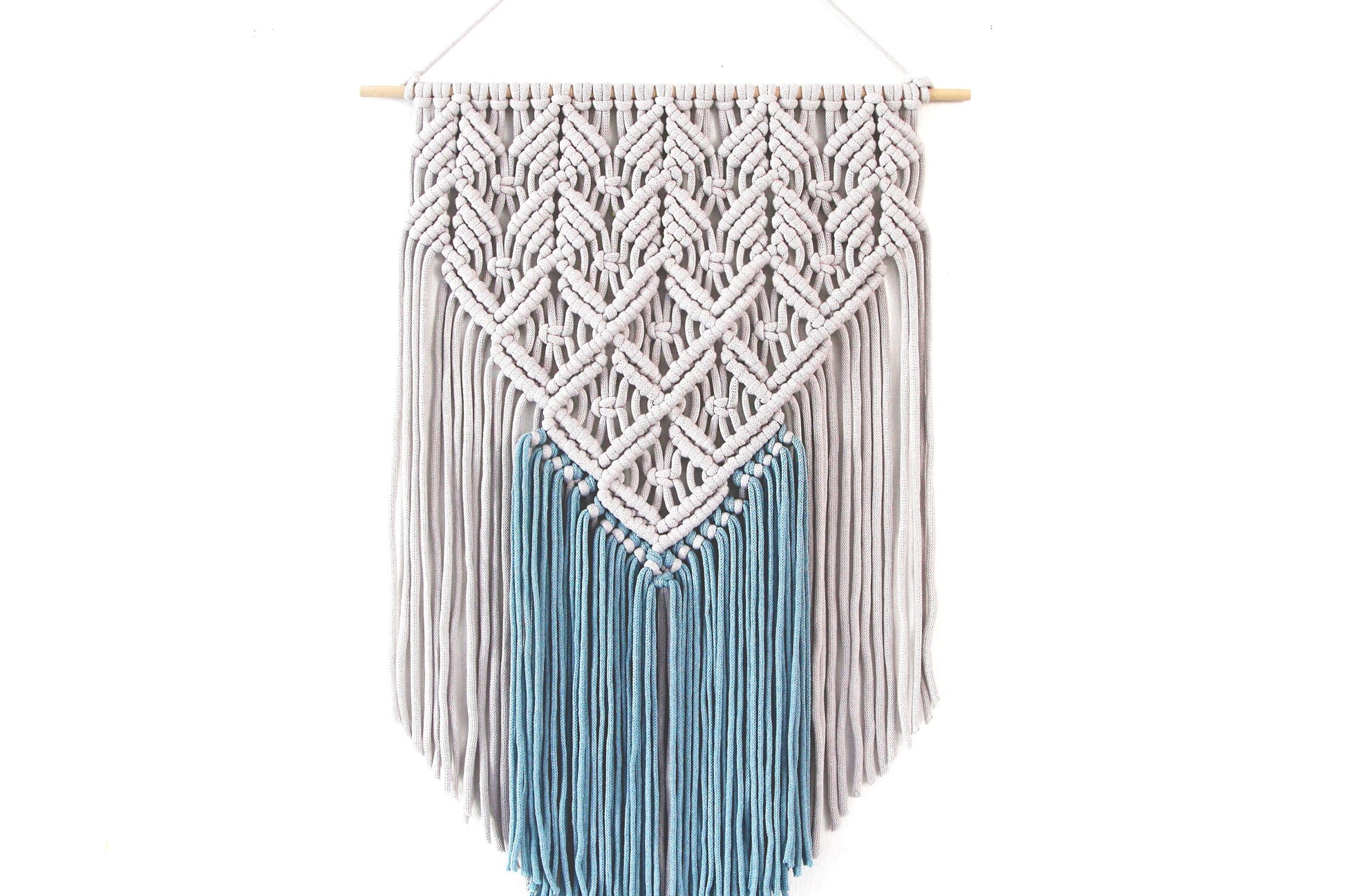 Handmade Light Gray and Blue Macrame Wall Hanging