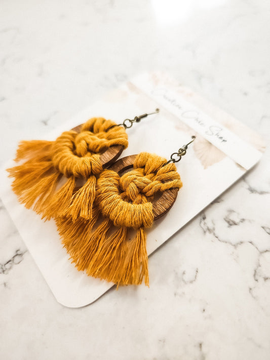 Handmade Macrame Earrings, Stained Wooden Hoops, Multiple Color Options for Macrame, Macrame Earrings, Dangle earrings, Macrame