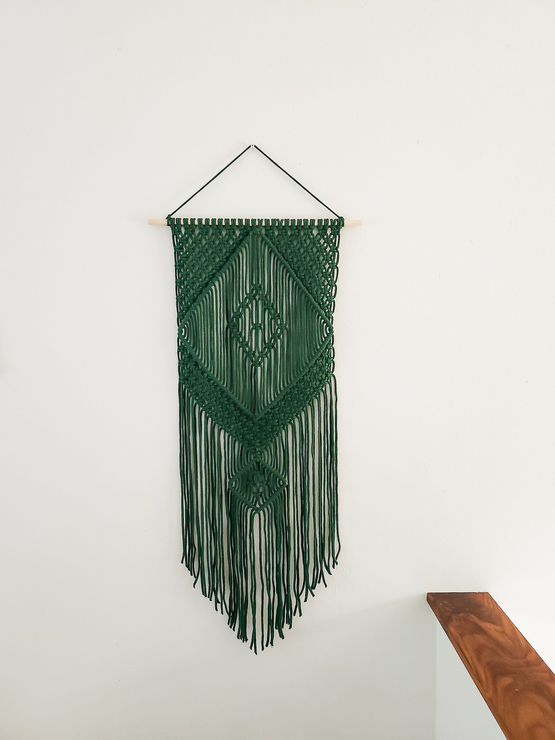 Handmade Forest Green Macrame Wall Hanging, Bohemian Decor, Narrow and Long, Wall Decor, Woven Wall Hanging