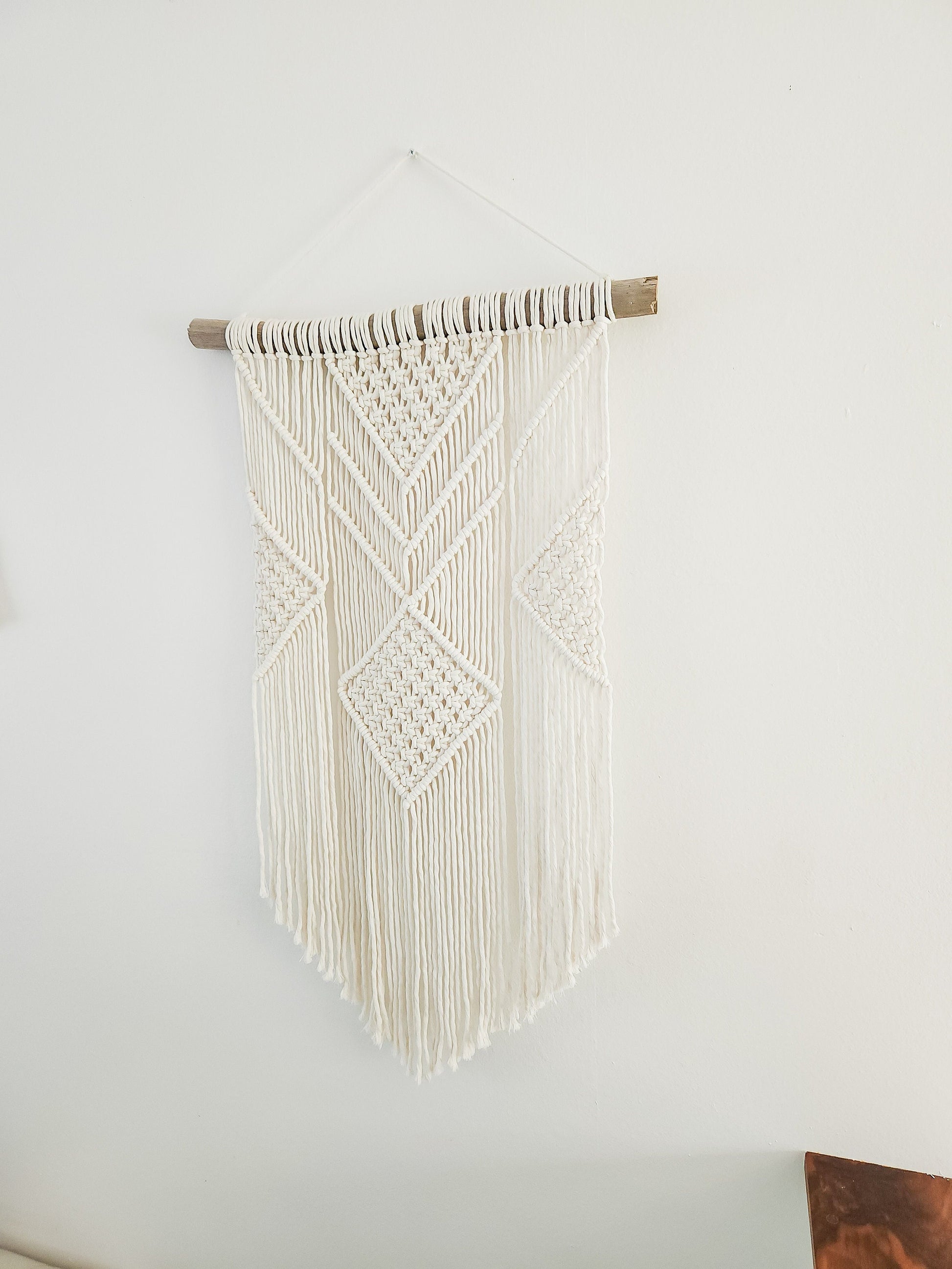 Macrame Wall Hanging in USA - 3 Foot Length, Cotton Rope, Boho Chic Farmhouse Decor for Bedroom, Driftwood, Living Room, Hand Made