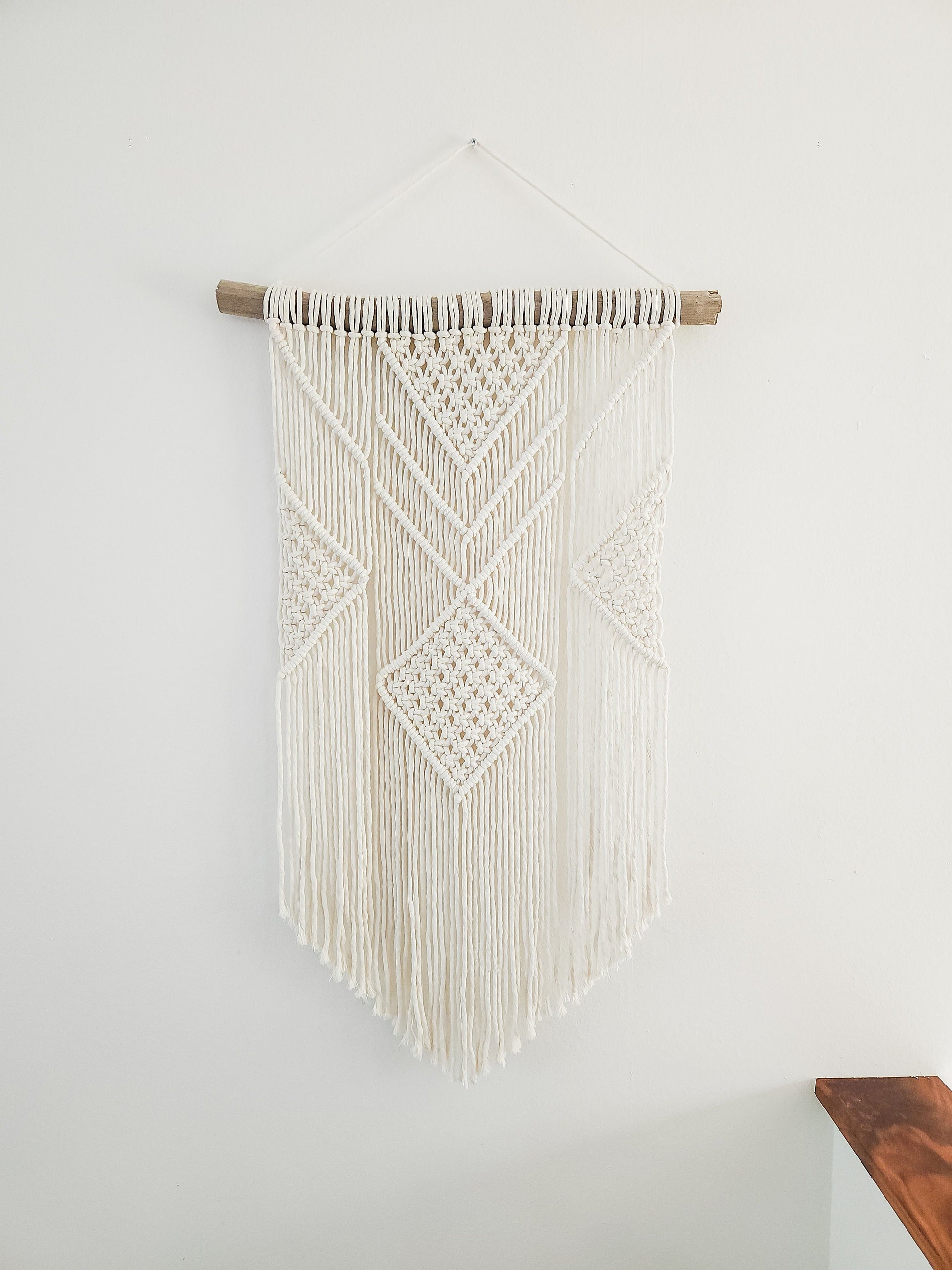 Macrame Wall Hanging in USA - 3 Foot Length, Cotton Rope, Boho Chic Farmhouse Decor for Bedroom, Driftwood, Living Room, Hand Made