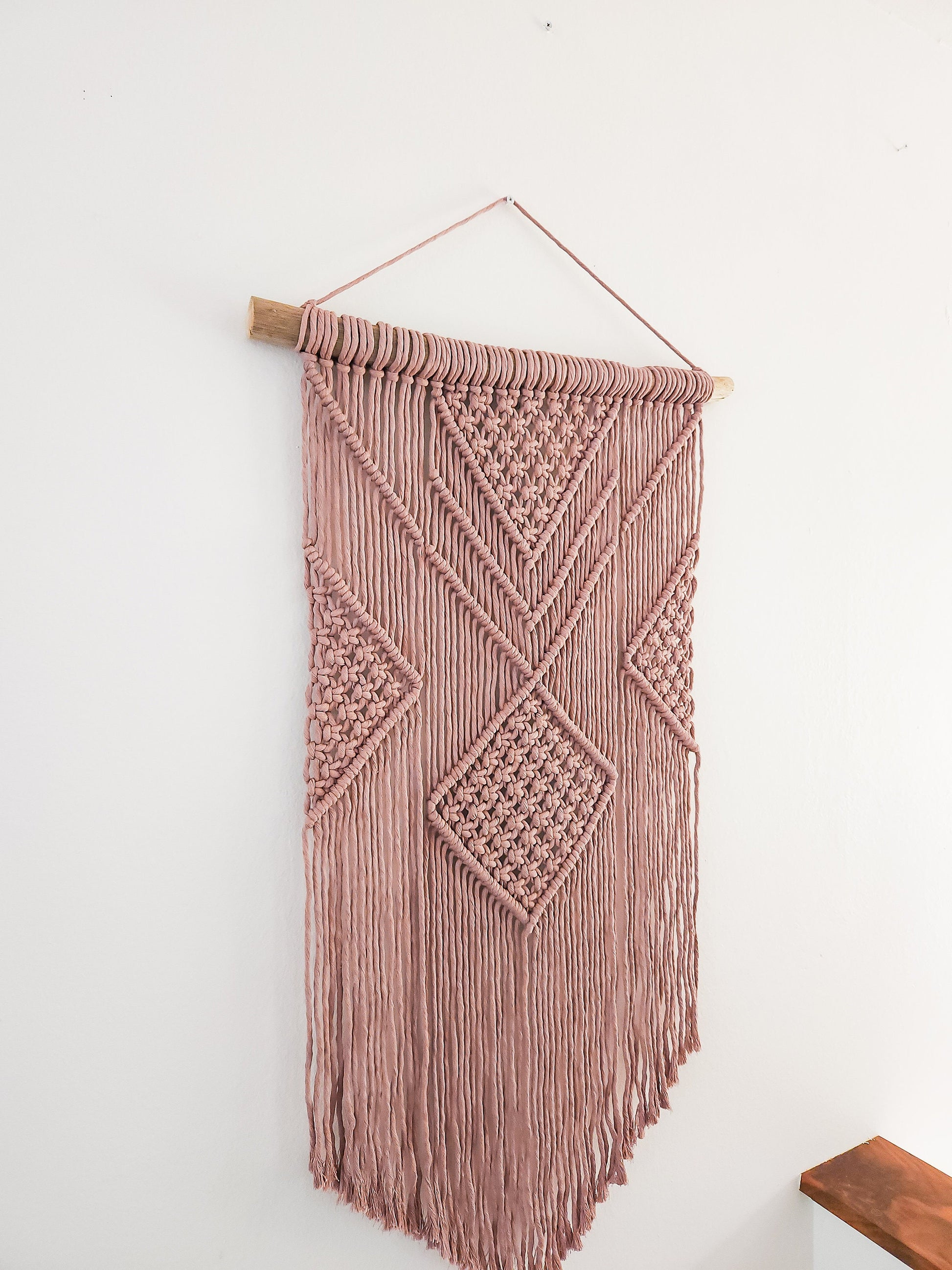 Macrame Wall Hanging - 3 Foot Length, Mauve Cotton Rope, Boho Chic Farmhouse Decor for Bedroom, Driftwood, Living Room, Hand Mad