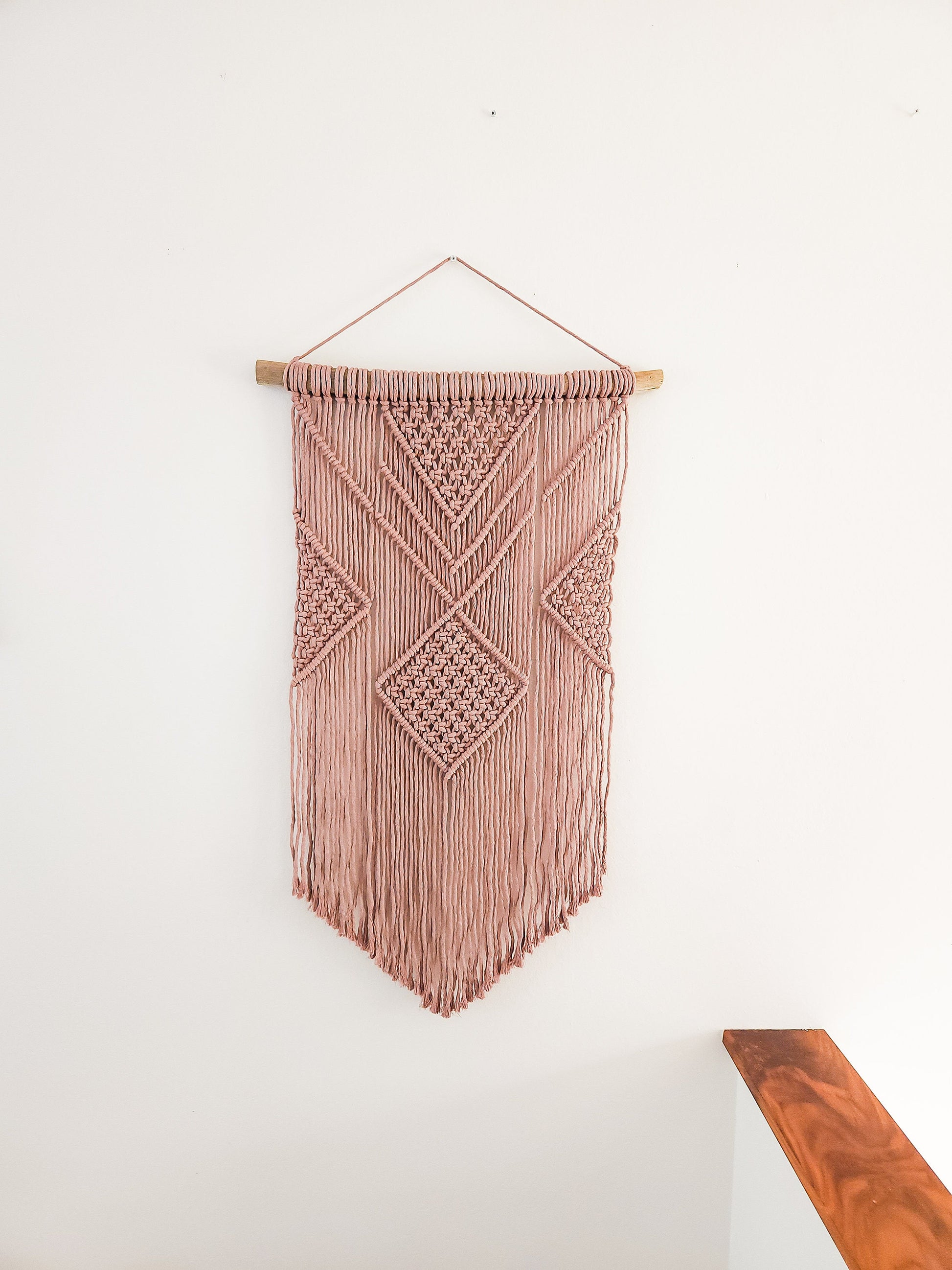Macrame Wall Hanging - 3 Foot Length, Mauve Cotton Rope, Boho Chic Farmhouse Decor for Bedroom, Driftwood, Living Room, Hand Mad