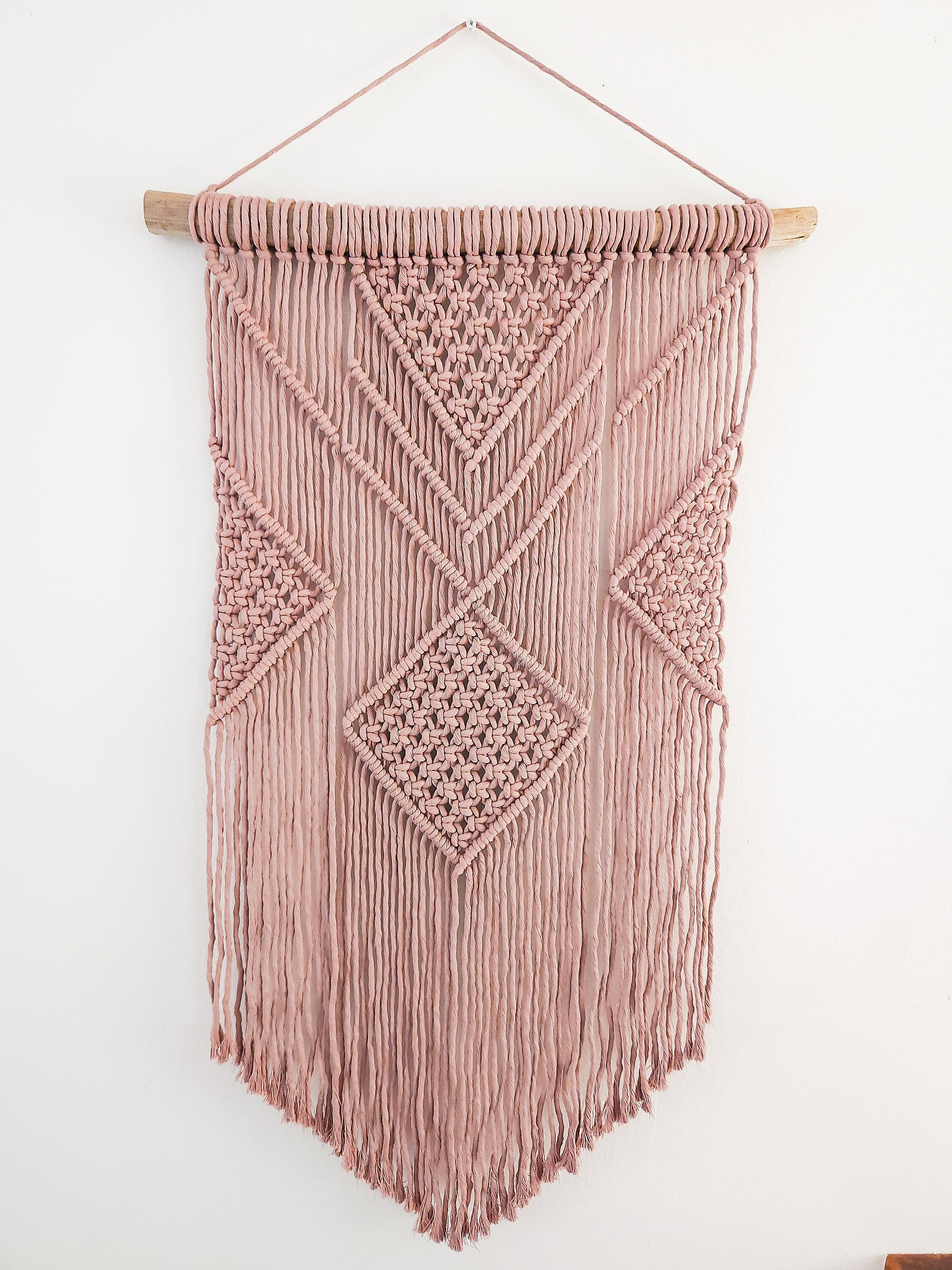 Macrame Wall Hanging - 3 Foot Length, Mauve Cotton Rope, Boho Chic Farmhouse Decor for Bedroom, Driftwood, Living Room, Hand Mad