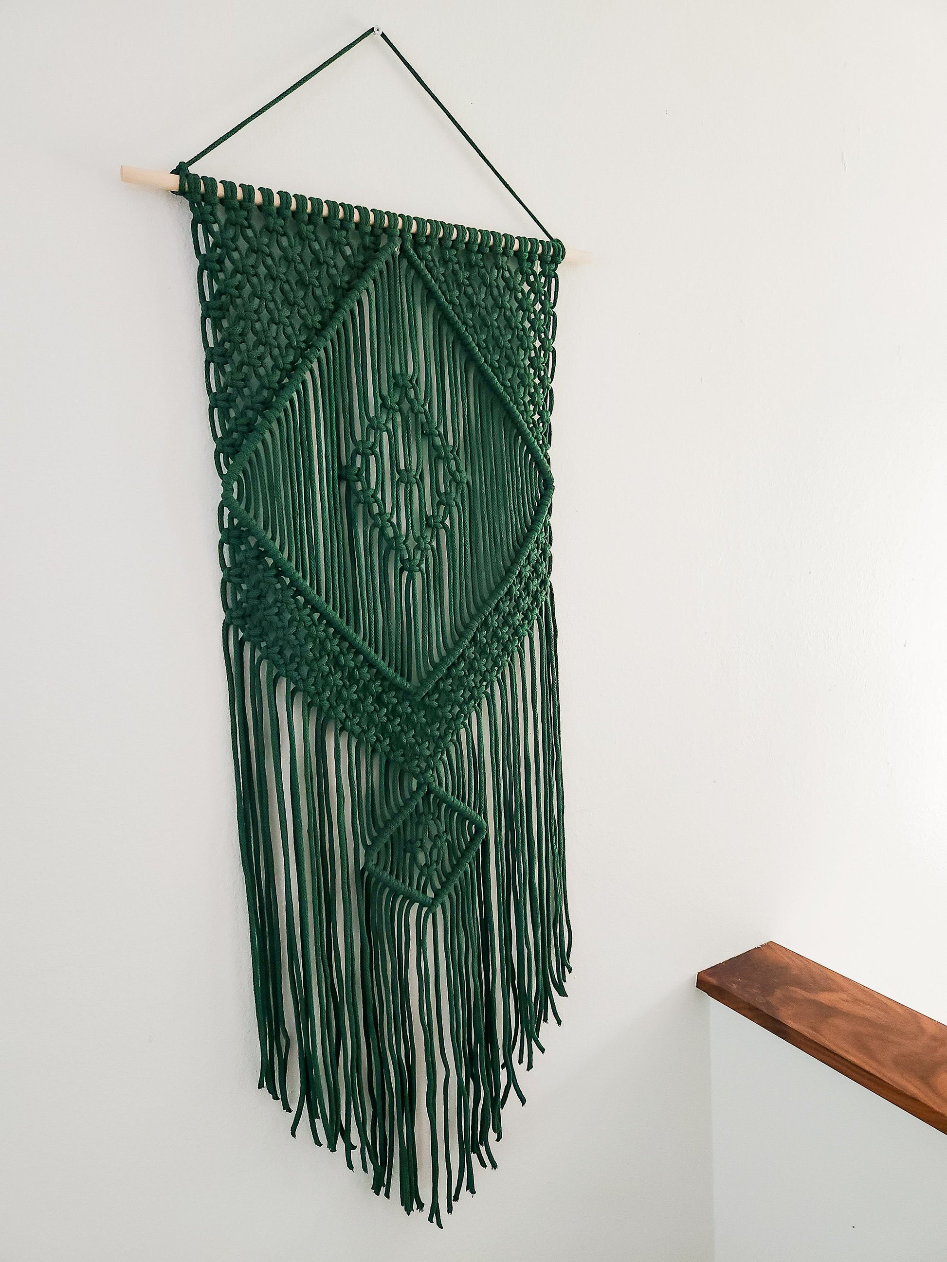 Handmade Forest Green Macrame Wall Hanging, Bohemian Decor, Narrow and Long, Wall Decor, Woven Wall Hanging