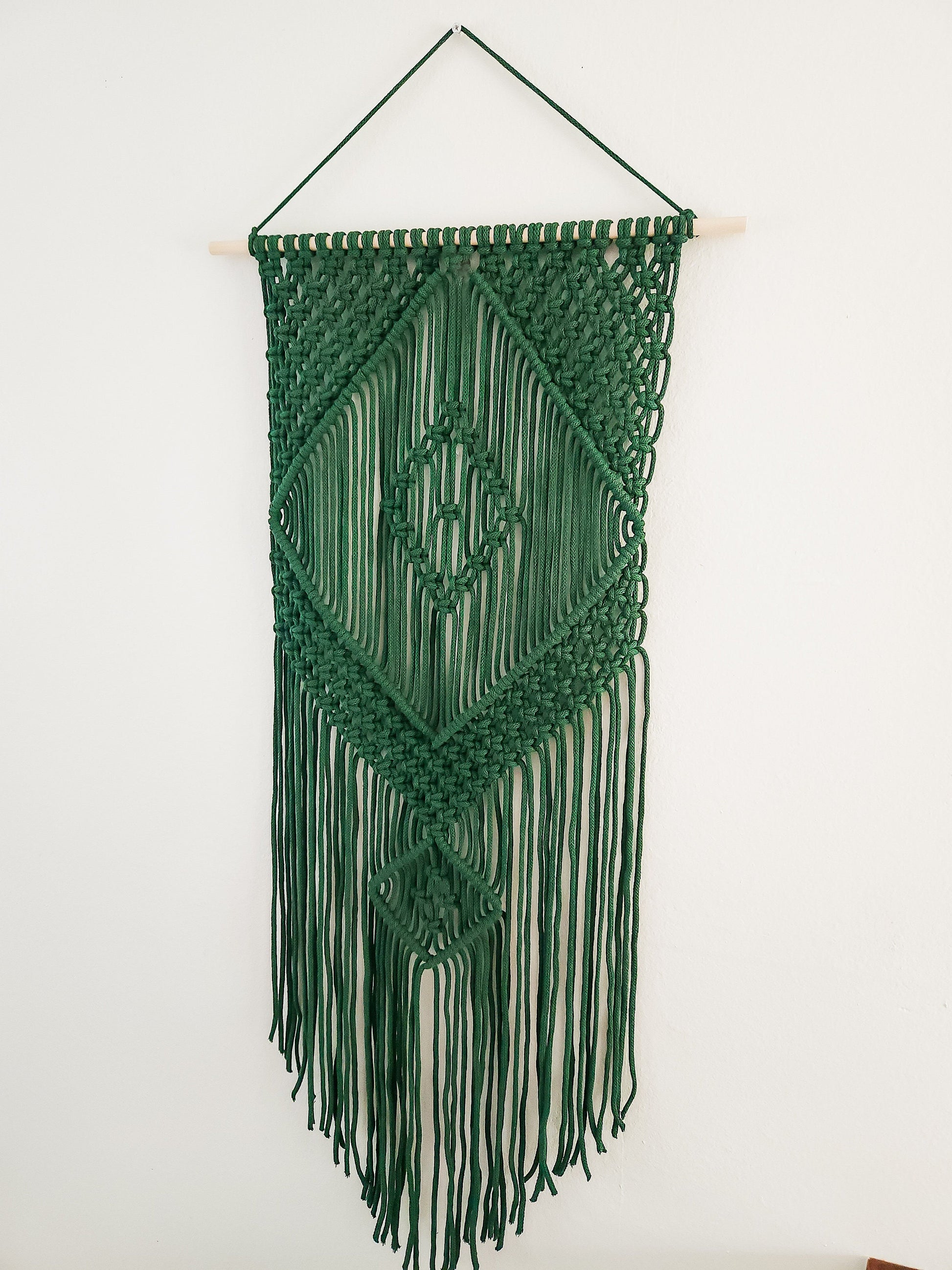 Handmade Forest Green Macrame Wall Hanging, Bohemian Decor, Narrow and Long, Wall Decor, Woven Wall Hanging