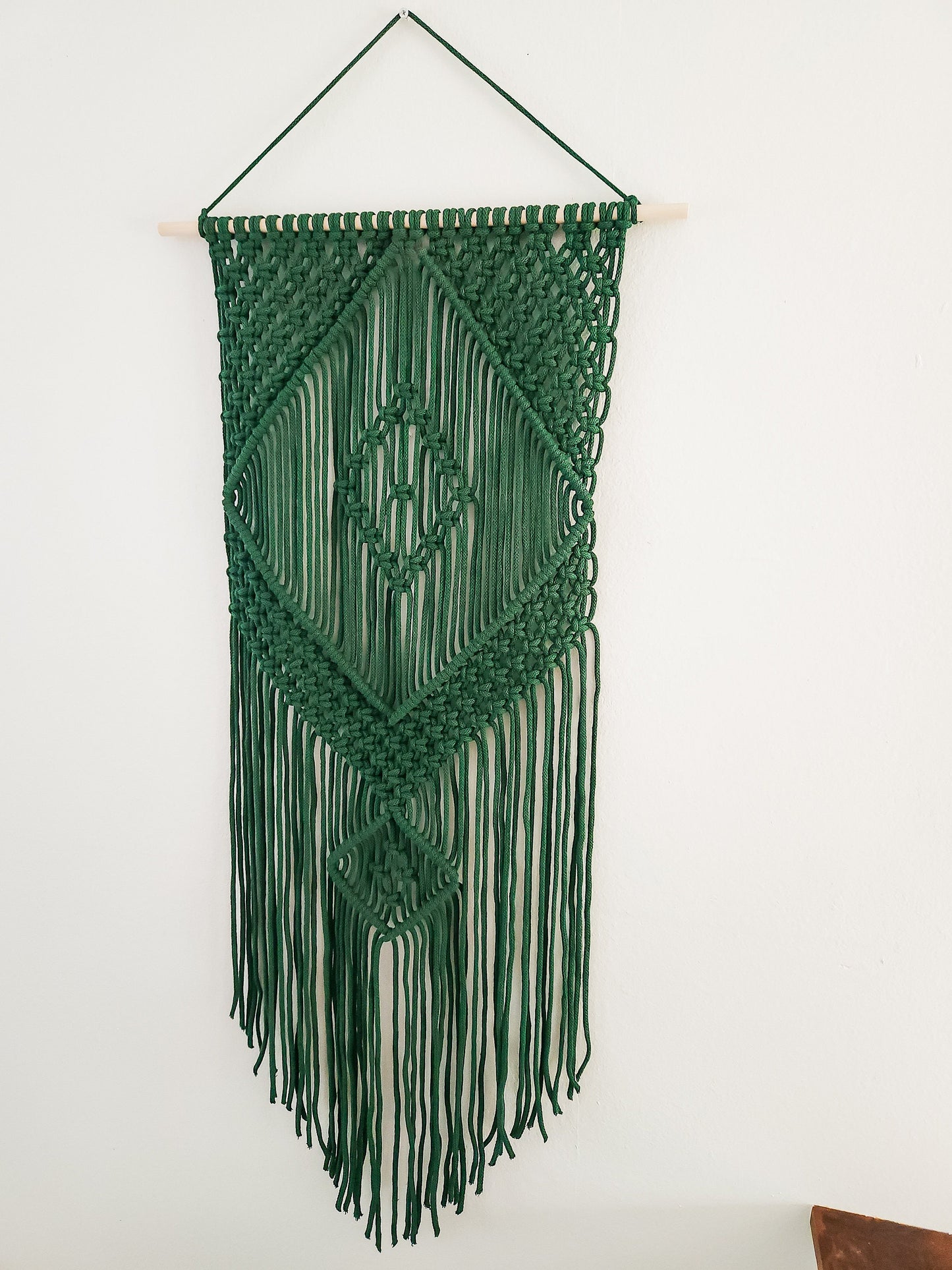 Handmade Forest Green Macrame Wall Hanging, Bohemian Decor, Narrow and Long, Wall Decor, Woven Wall Hanging