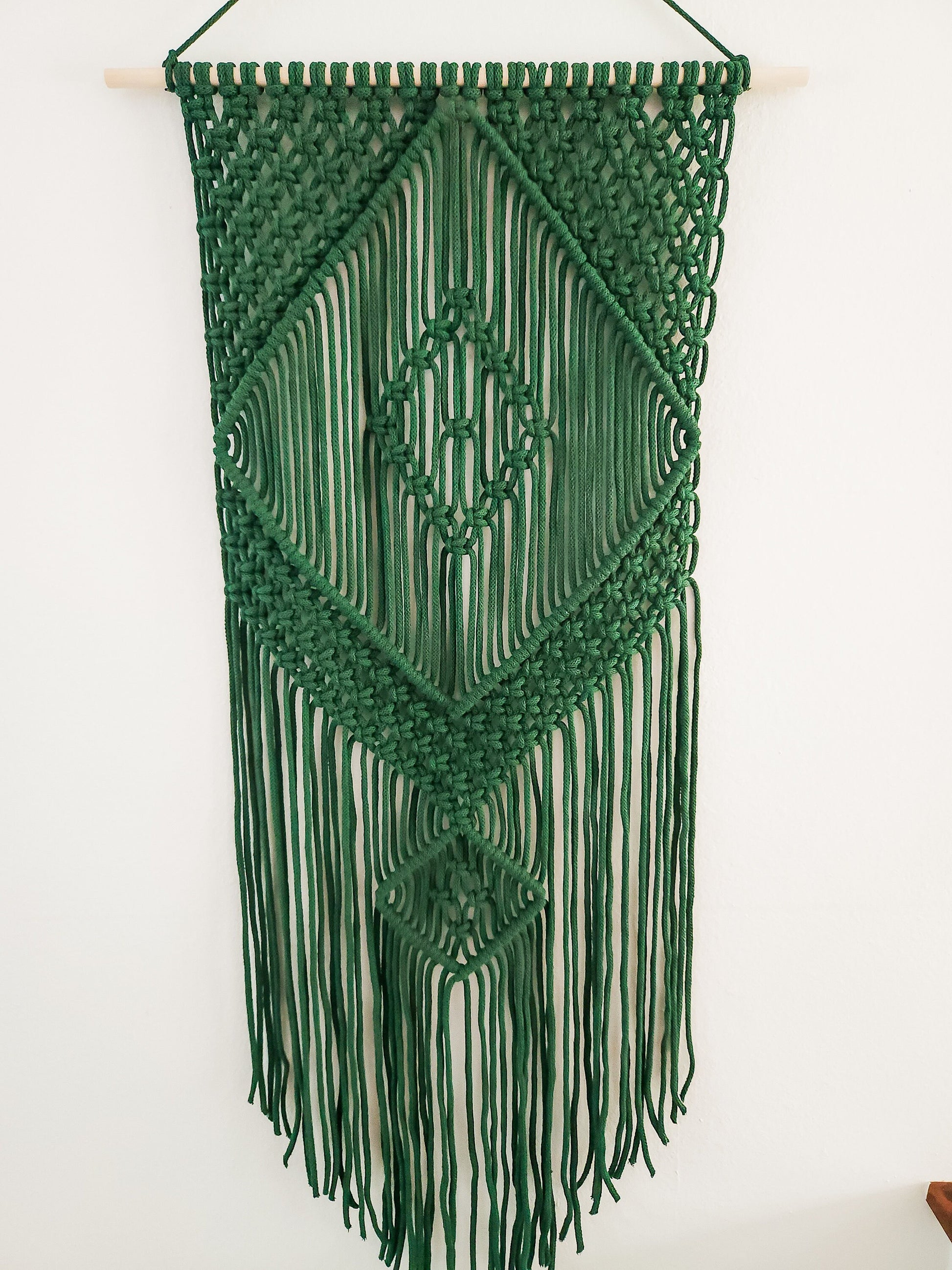 Handmade Forest Green Macrame Wall Hanging, Bohemian Decor, Narrow and Long, Wall Decor, Woven Wall Hanging