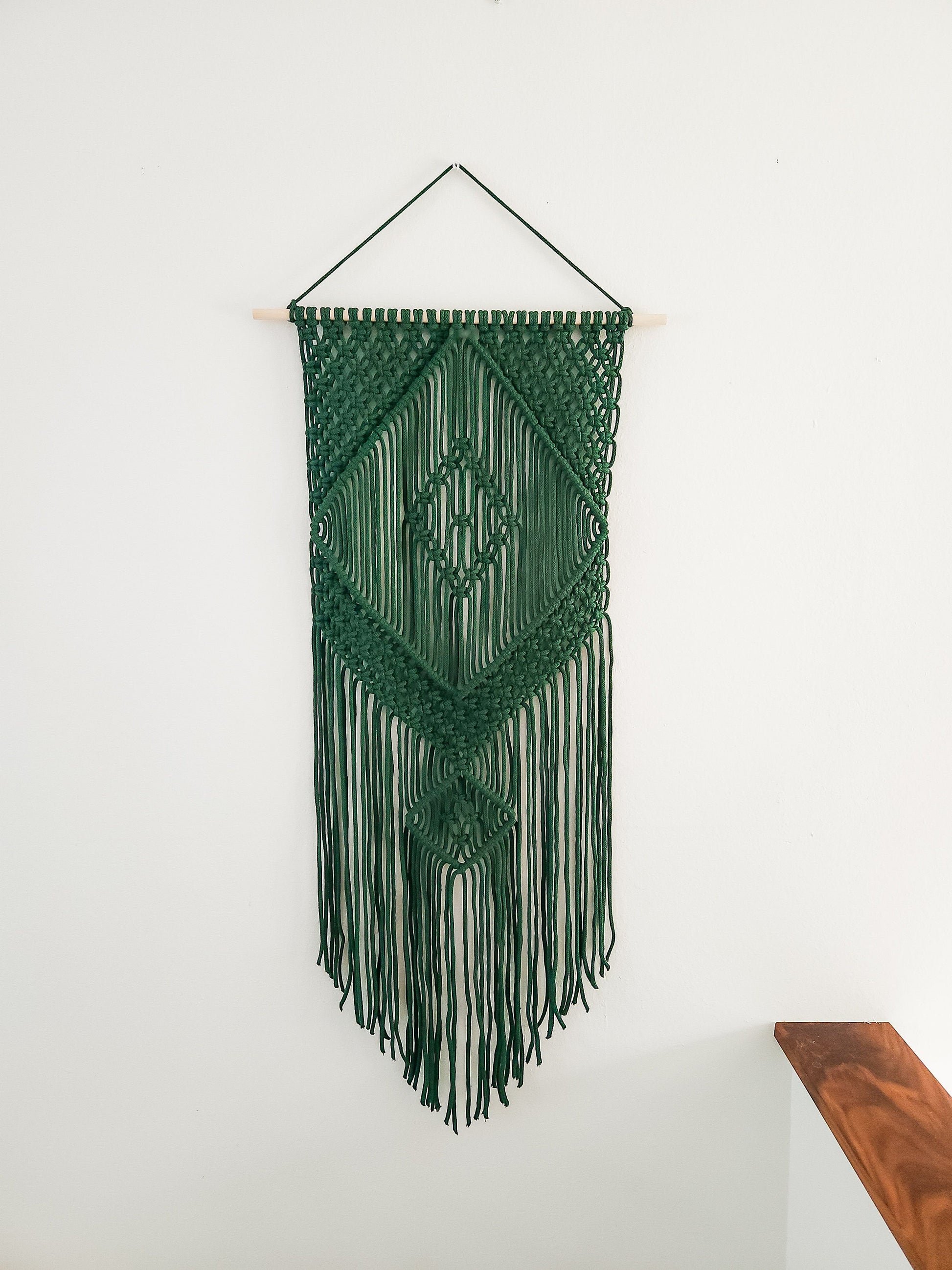 Handmade Forest Green Macrame Wall Hanging, Bohemian Decor, Narrow and Long, Wall Decor, Woven Wall Hanging