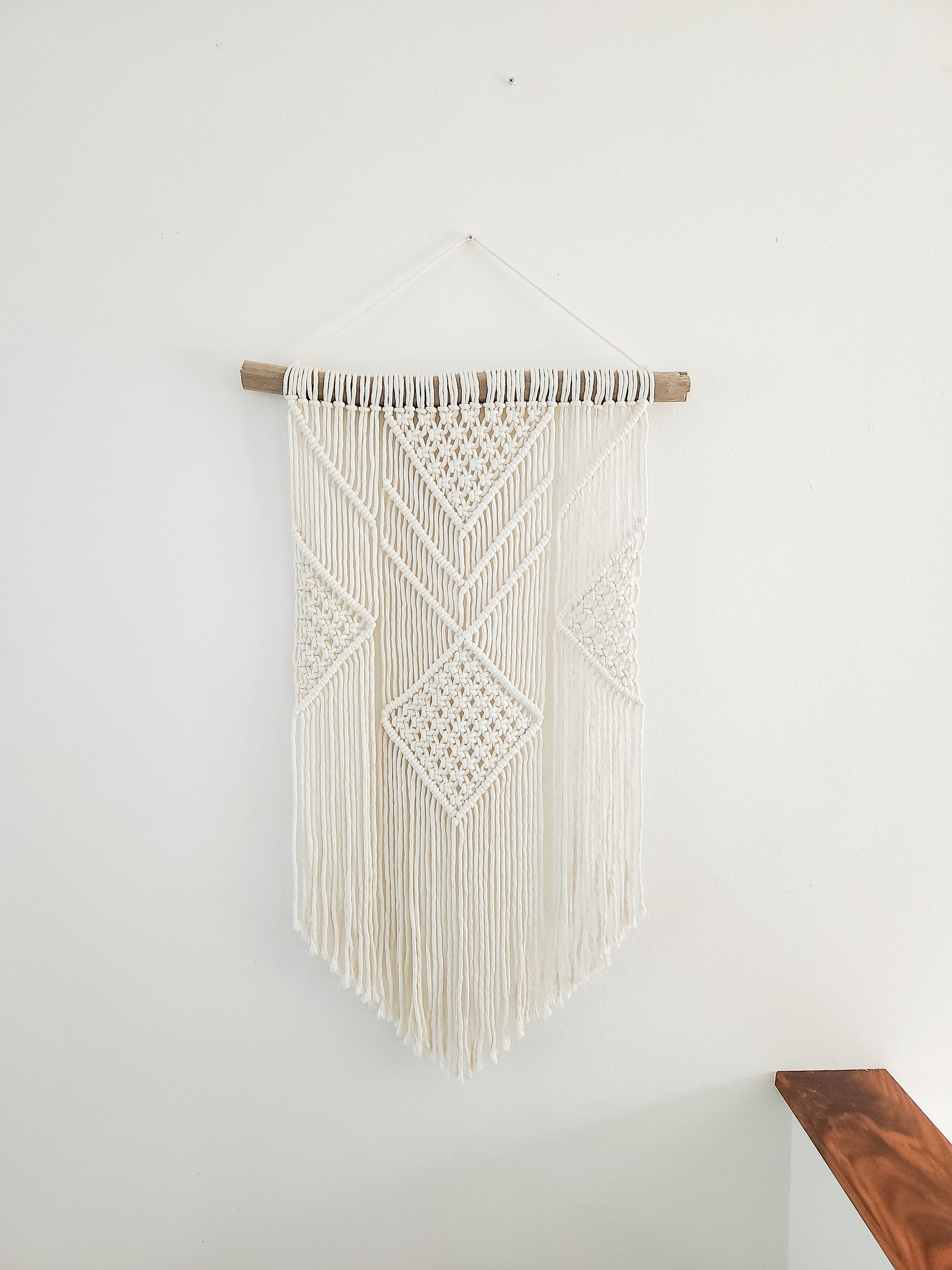 Macrame Wall Hanging in USA - 3 Foot Length, Cotton Rope, Boho Chic Farmhouse Decor for Bedroom, Driftwood, Living Room, Hand Made