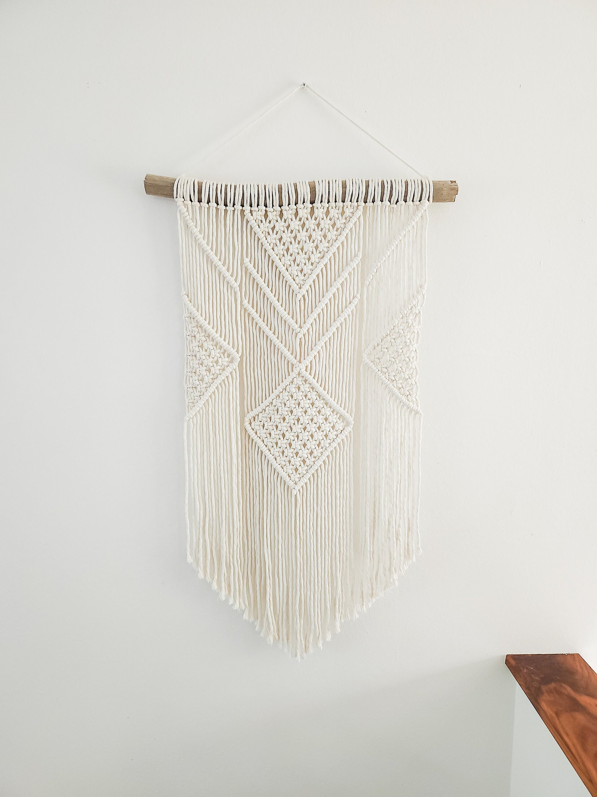 Macrame Wall Hanging in USA - 3 Foot Length, Cotton Rope, Boho Chic Farmhouse Decor for Bedroom, Driftwood, Living Room, Hand Made