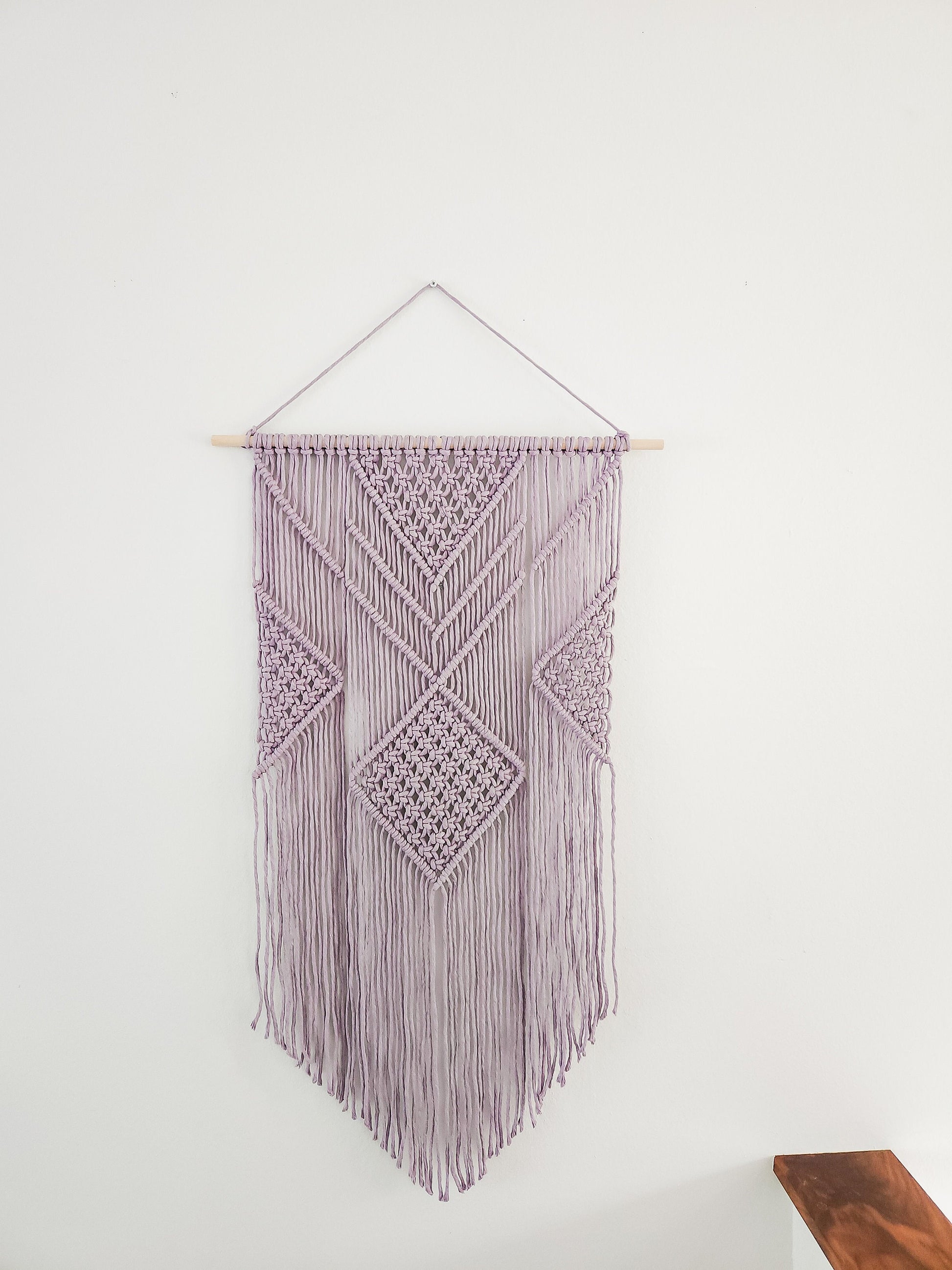 Purple Macrame Wall Hanging - 3 Foot Length, Cotton Rope Decor, Boho Chic Farmhouse Decor for Bedroom, Dorm Room, Living Room