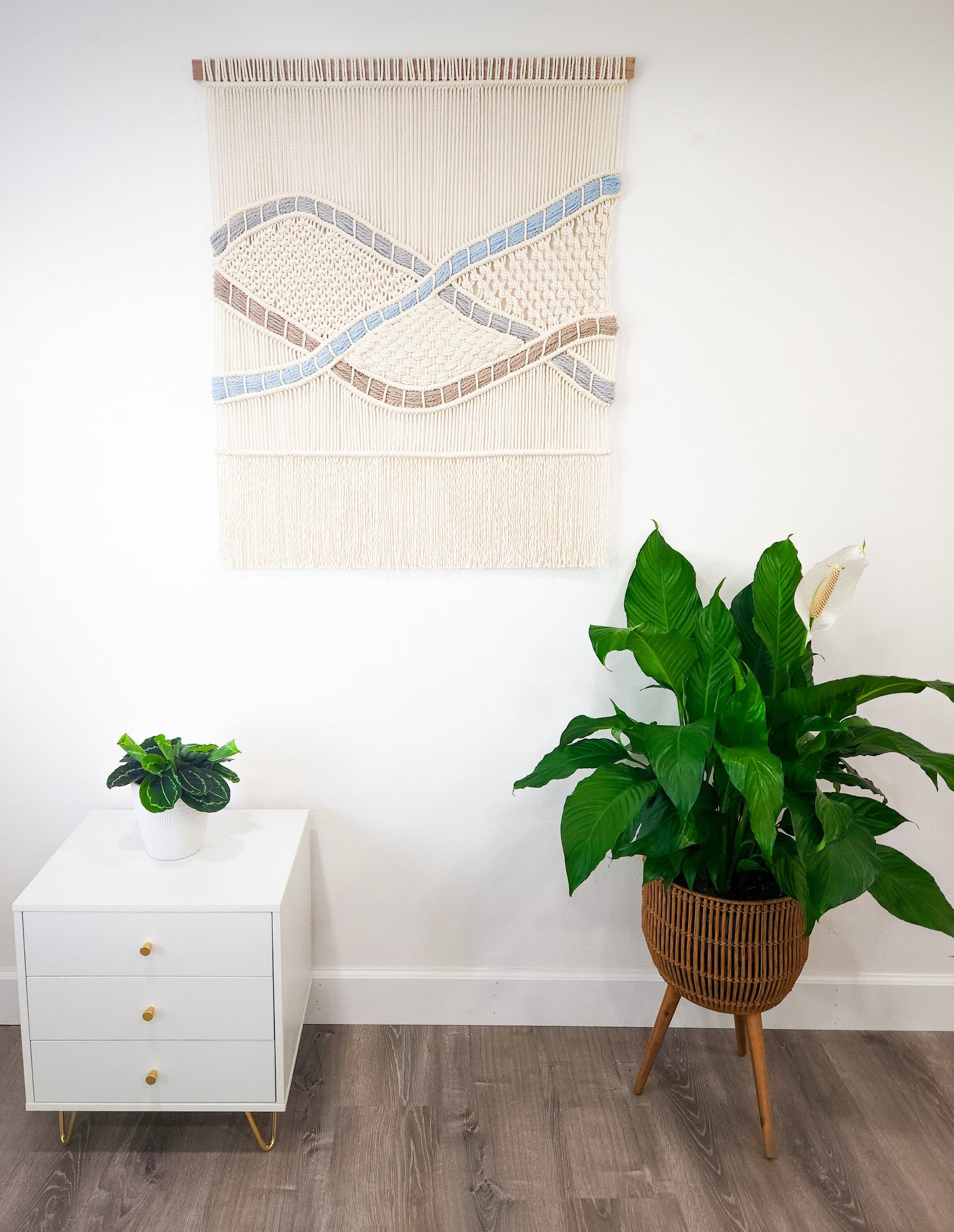 Handmade Natural White Macrame Wall Hanging "Elaine", 3 Feet Wide, Woven Art