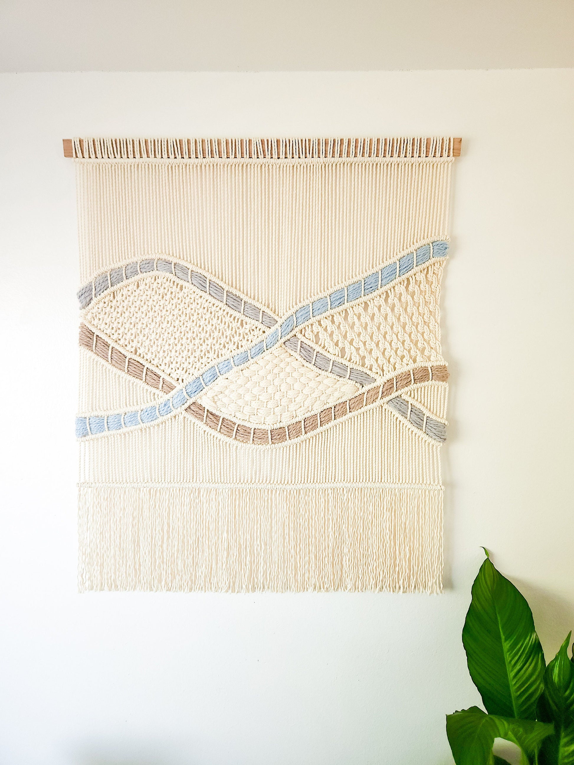 Handmade Natural White Macrame Wall Hanging "Elaine", 3 Feet Wide, Woven Art