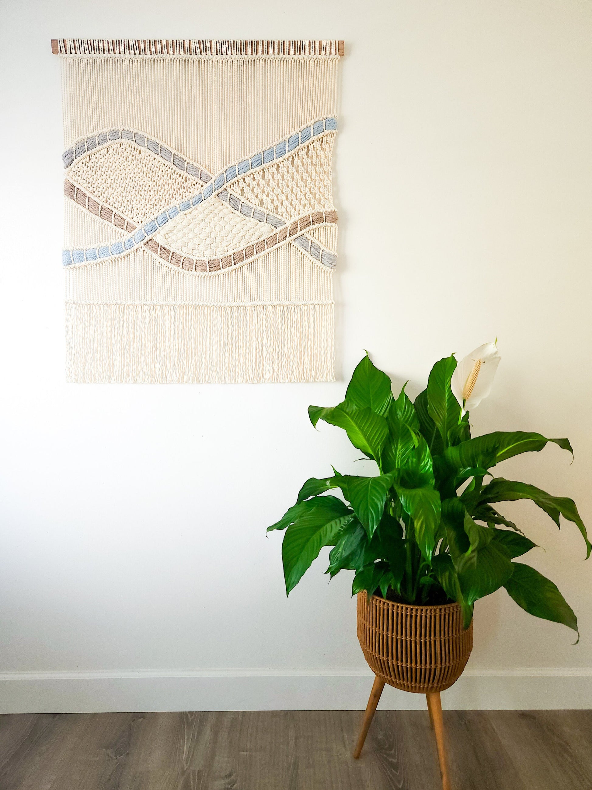 Handmade Natural White Macrame Wall Hanging "Elaine", 3 Feet Wide, Woven Art