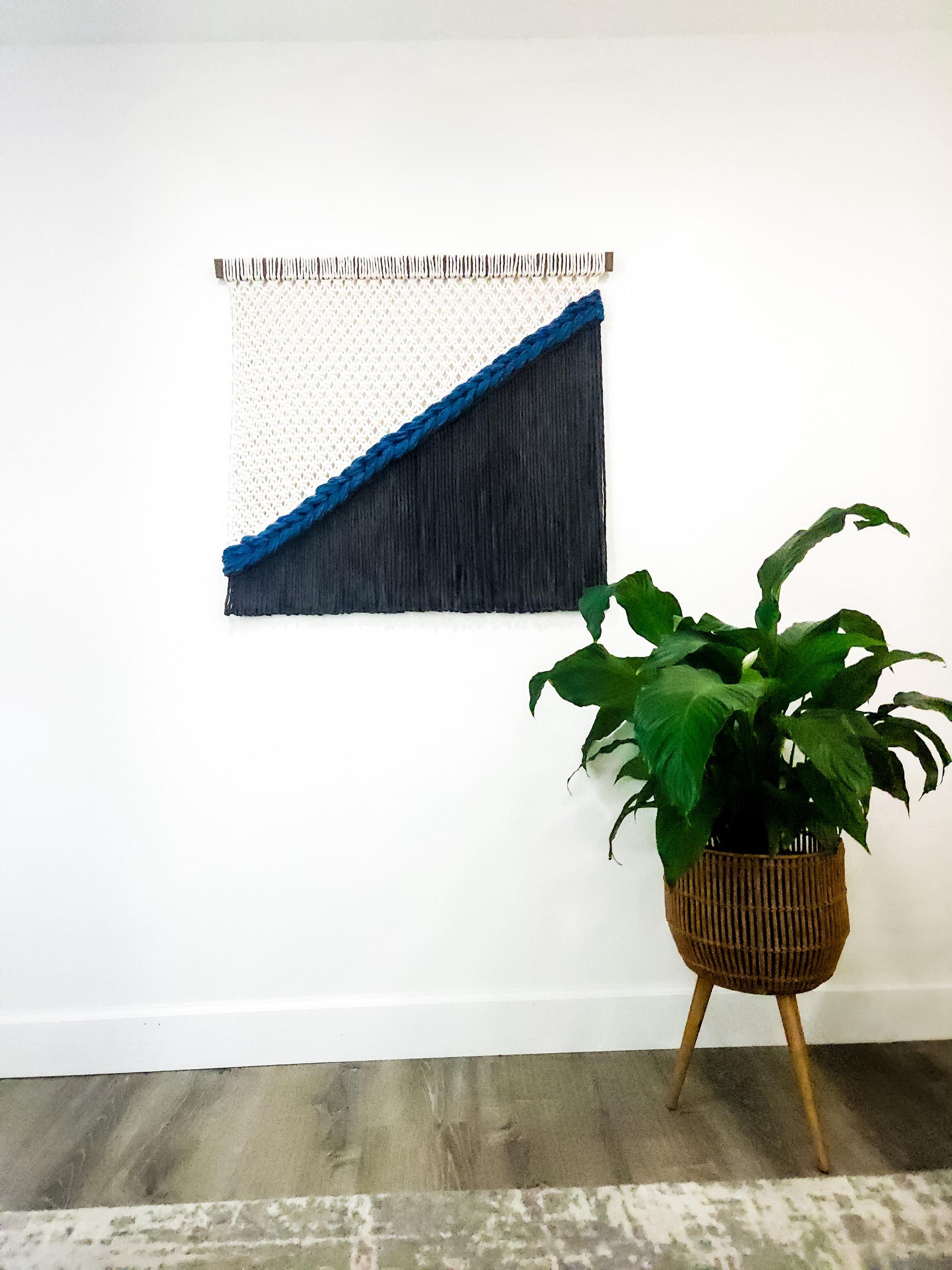 Handmade Natural White and Black Dyed Macrame Wall Hanging, Woven Wall Art