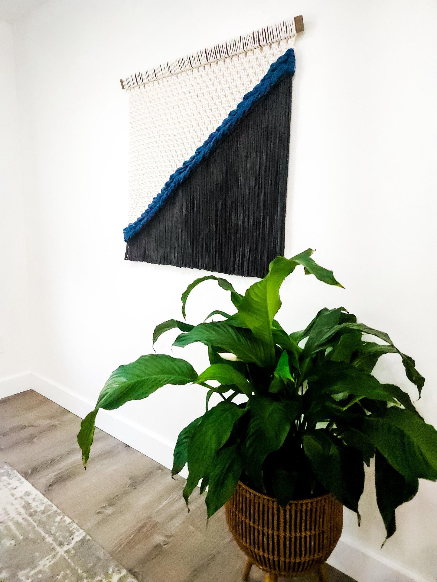 Handmade Natural White and Black Dyed Macrame Wall Hanging, Woven Wall Art