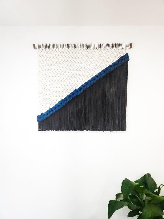 Handmade Natural White and Black Dyed Macrame Wall Hanging, Woven Wall Art