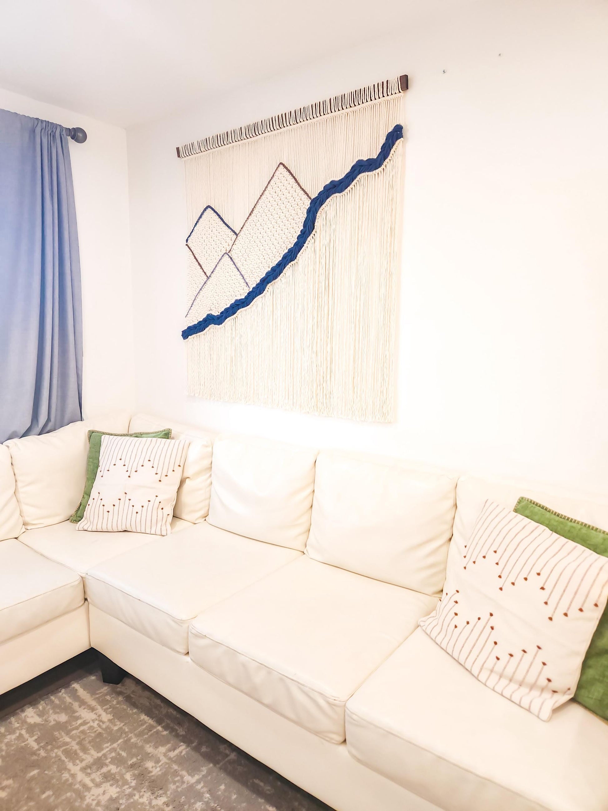 Handmade Natural White Dyed and Woven Macrame Wall Hanging, 4 Feet Wide, Mountains and River