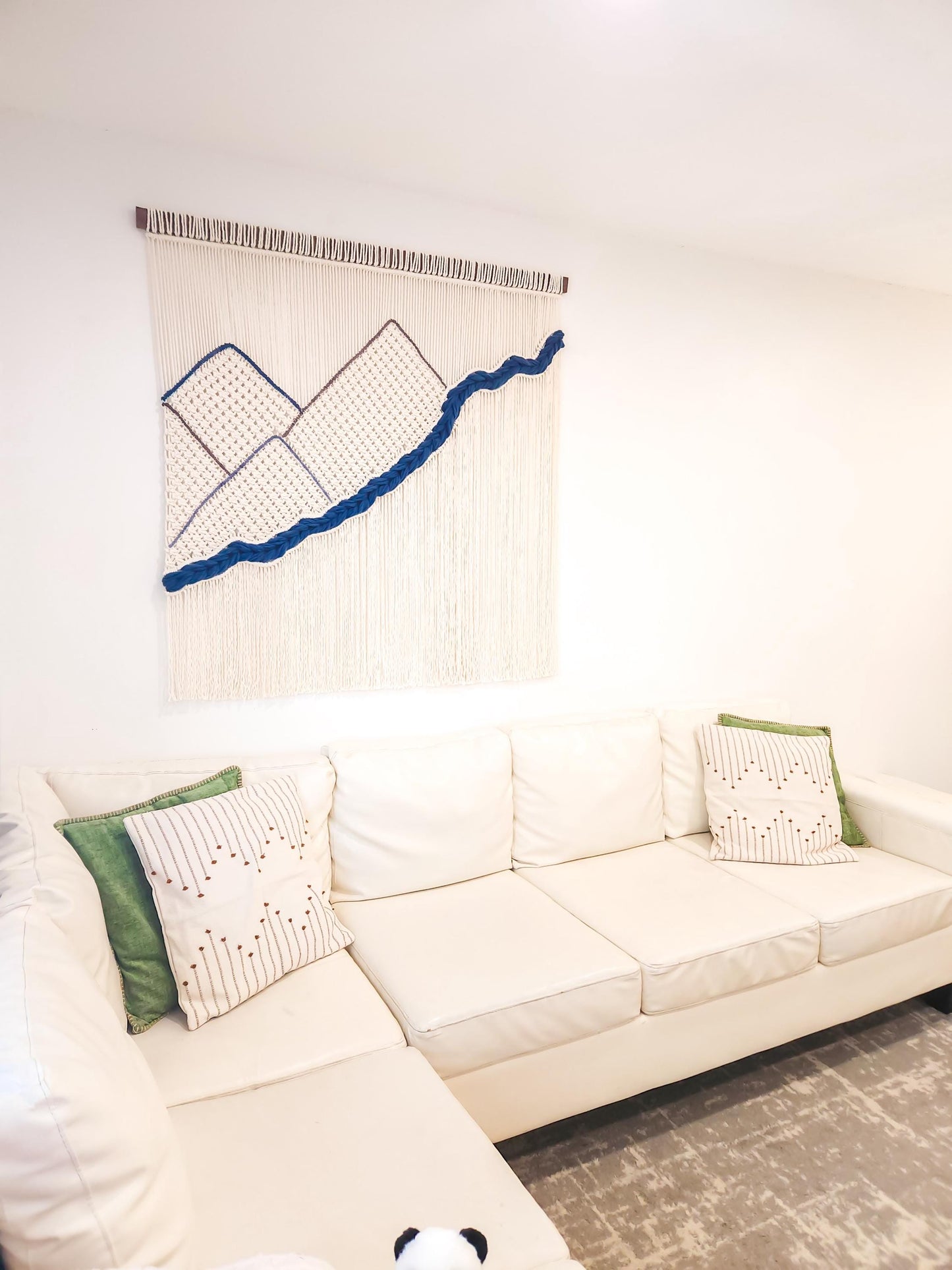 Handmade Natural White Dyed and Woven Macrame Wall Hanging, 4 Feet Wide, Mountains and River