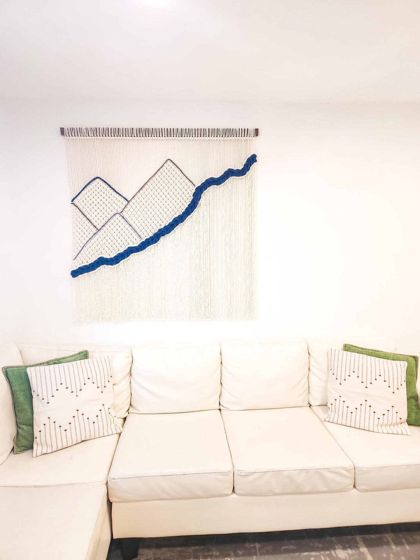 Handmade Natural White Dyed and Woven Macrame Wall Hanging, 4 Feet Wide, Mountains and River