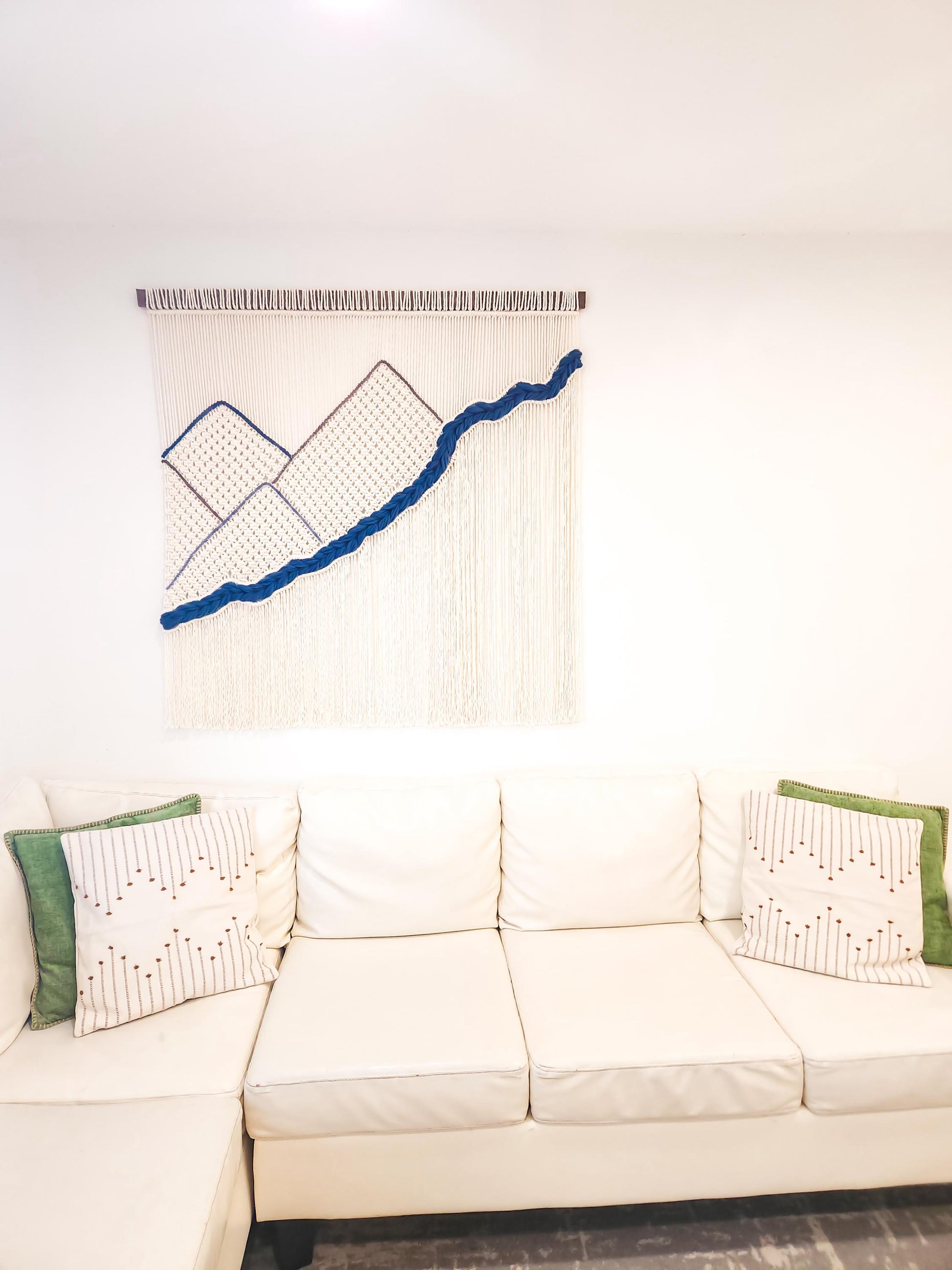 Handmade Natural White Dyed and Woven Macrame Wall Hanging, 4 Feet Wide, Mountains and River
