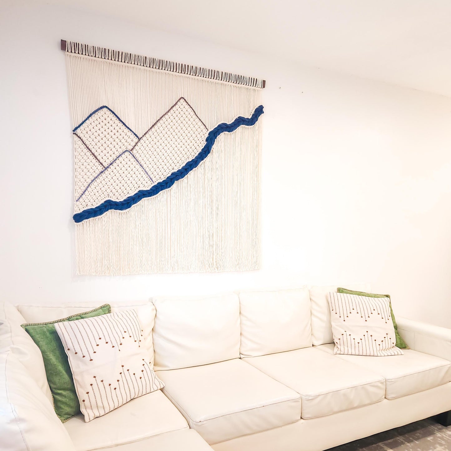 Handmade Natural White Dyed and Woven Macrame Wall Hanging, 4 Feet Wide, Mountains and River