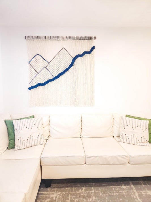 Handmade Natural White Dyed and Woven Macrame Wall Hanging, 4 Feet Wide, Mountains and River