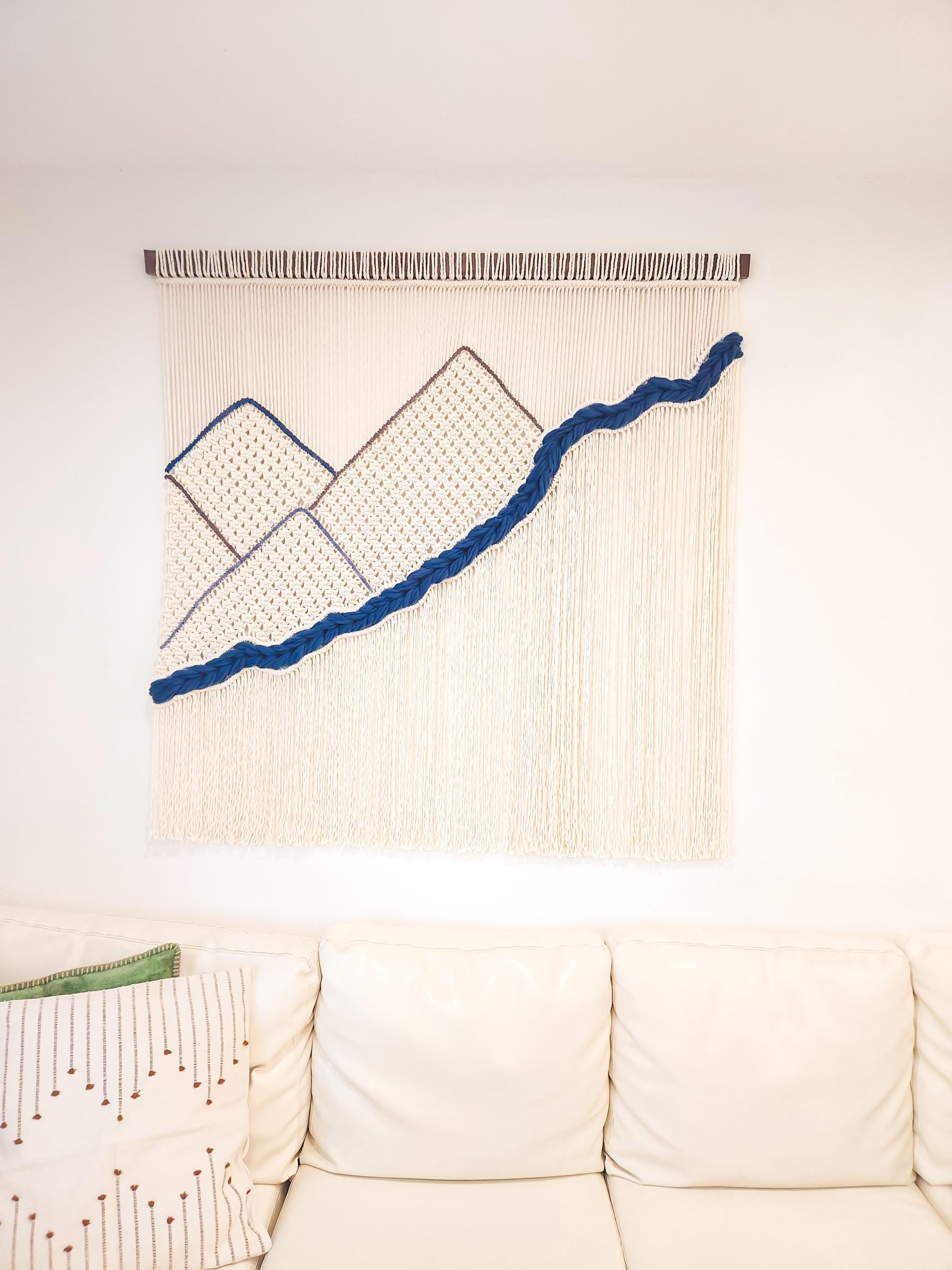 Handmade Natural White Dyed and Woven Macrame Wall Hanging, 4 Feet Wide, Mountains and River