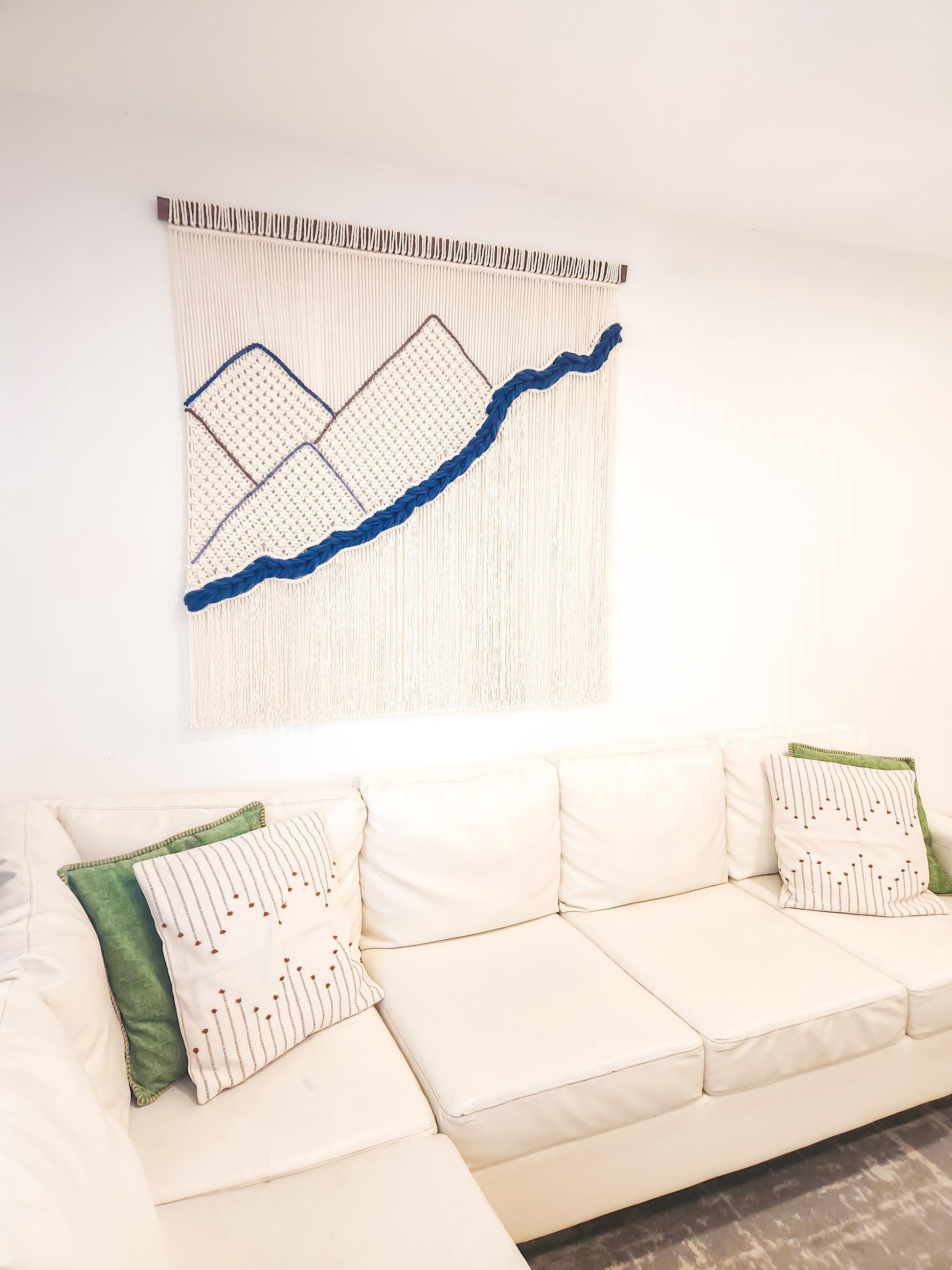 Handmade Natural White Dyed and Woven Macrame Wall Hanging, 4 Feet Wide, Mountains and River