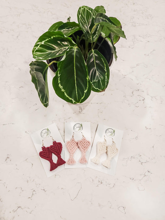 Heart shaped macrame earrings, Available in Many colors