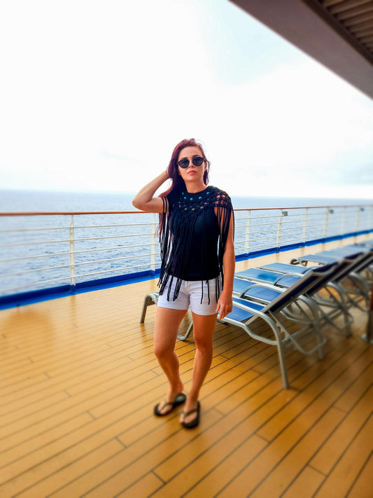 Black macrame top with blue beads, pair it with spaghetti strap or bikini top.
