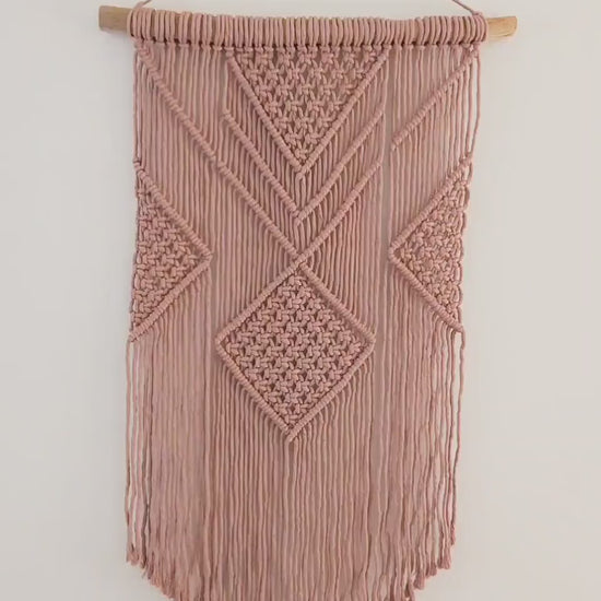 Macrame Wall Hanging - 3 Foot Length, Mauve Cotton Rope, Boho Chic Farmhouse Decor for Bedroom, Driftwood, Living Room, Hand Mad